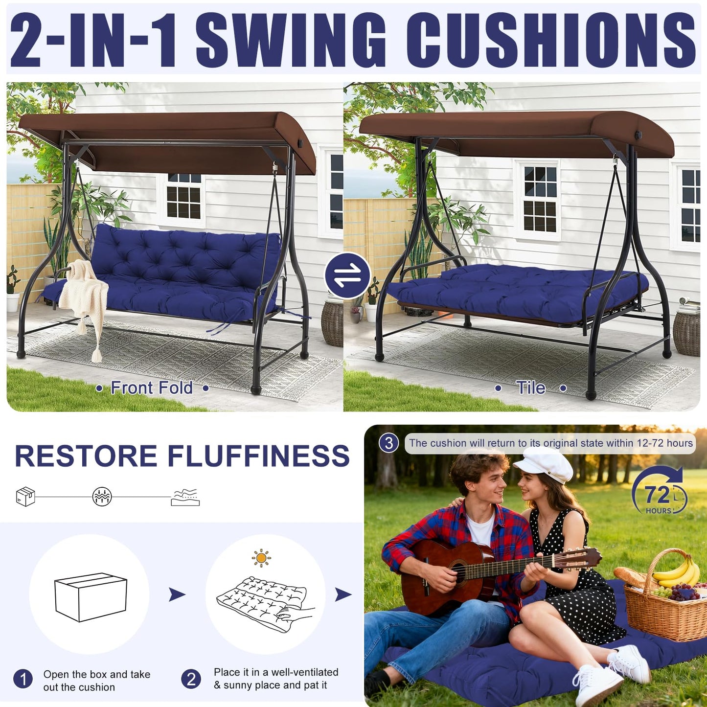MQSXBF Porch Swing Cushions Outdoor 60 inch x 40 Waterproof Swing Cushions 3 Seater Replacement with Backrest & 8 Ties 5" Thick Bench Swing Cushions for Outdoor Furniture Patio(Navy Blue)