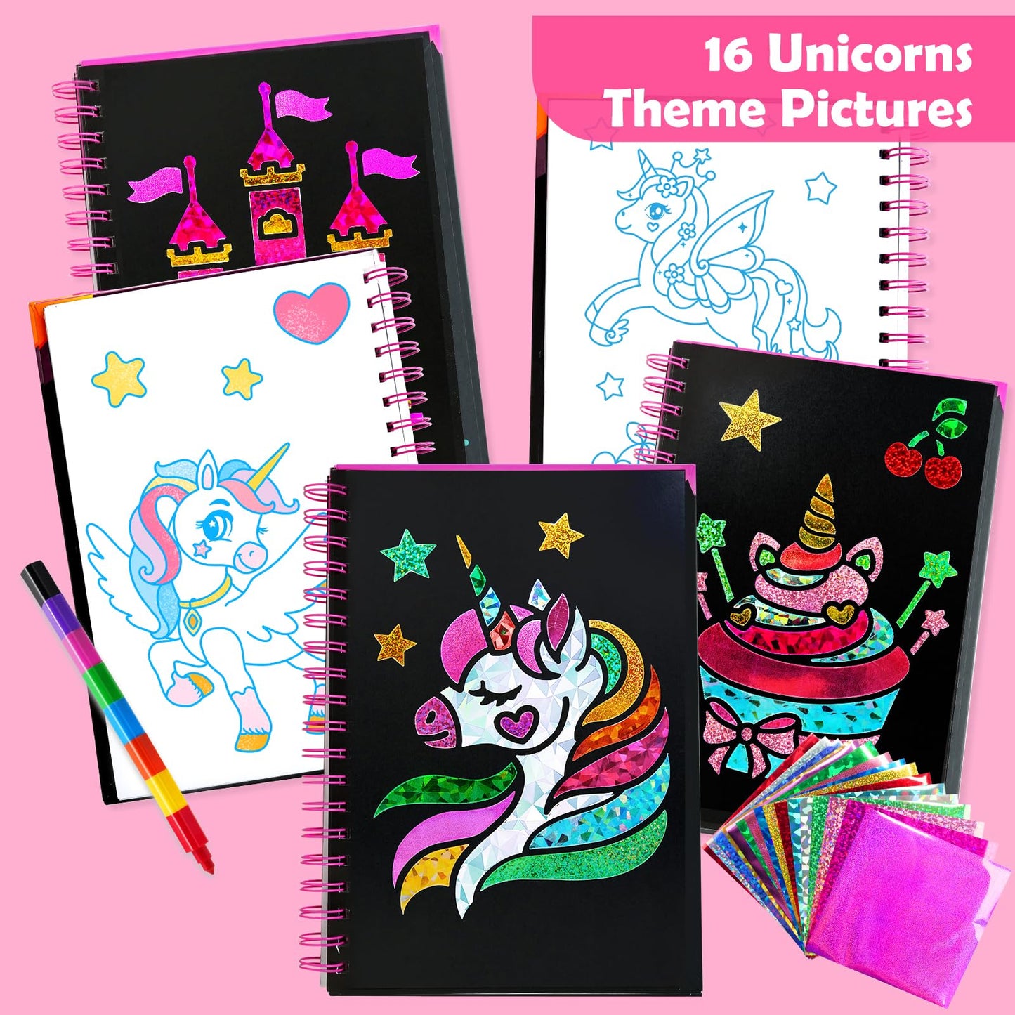 FUNNYB&G Foil Art Craft Kit for Girls 4-10 Years Old: Mess-Free & No-Glue, Create 16 Sparkly Unicorns Pictures – Perfect Travel Toy & Birthday Gift for Kids(Unicorns)