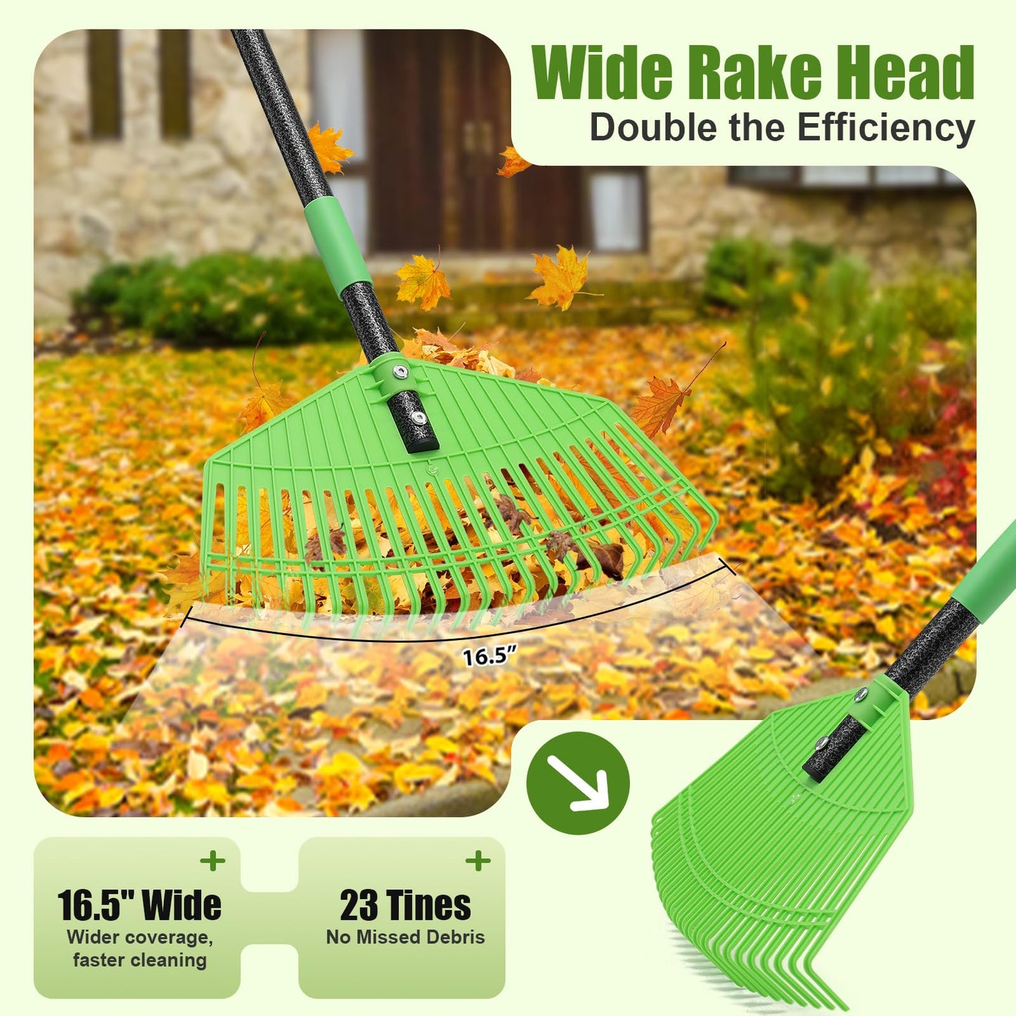 Plastic Leaf Rake with Adjustable 65'' Handle - Lightweight Outdoor Yard Rakes for Leaves,Grass & Pine Needle,Mulch,Gentle On Lawn Garden - Easy to Use for Women,Seniors & Kids