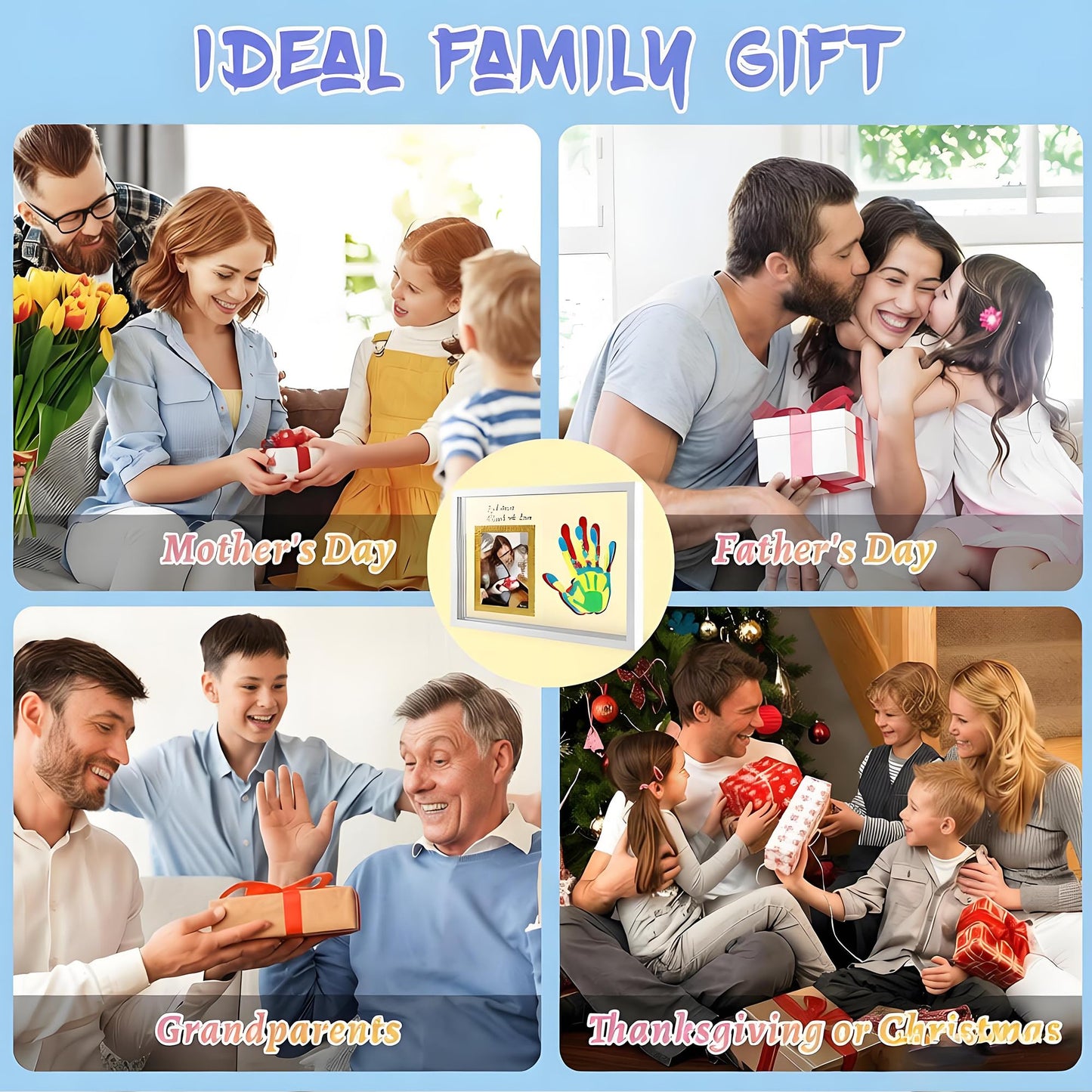 Family Handprint Keepsake Frame Kit with Photo Display – DIY 3D Floating Layered Design for Mom, Dad and Baby – Safe Non-Toxic Paint Set for Footprints – Perfect Baby Shower Gifts, New Parents Couples Keepsake, Home Decor 13.1x9.6 Inch (White)