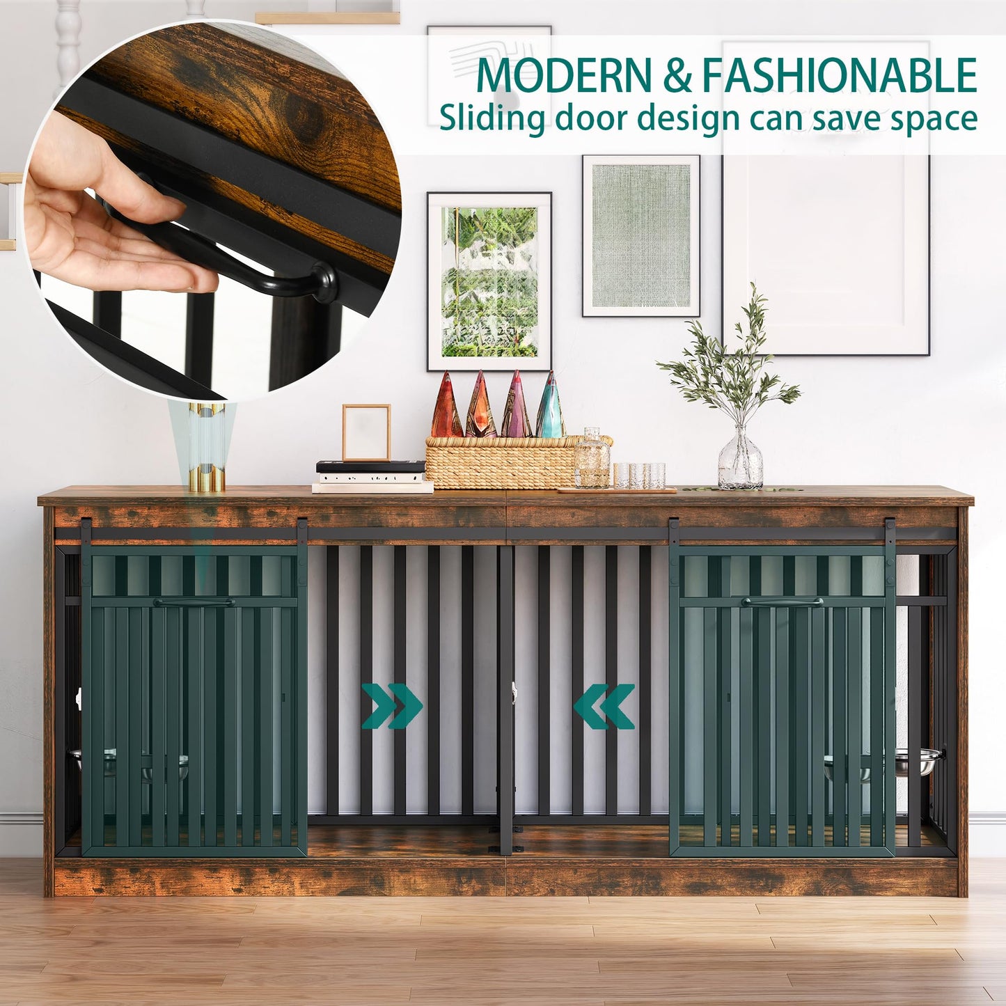 71 Inch Double Dog Crate Furniture for 2 Dogs, Heavy Duty Wooden Dog Crate TV Stand with 4 Dog Bowls, Dog Kennel Indoor Furniture Sliding Barn Door Design for Extra Large Dogs, Rustic Brown