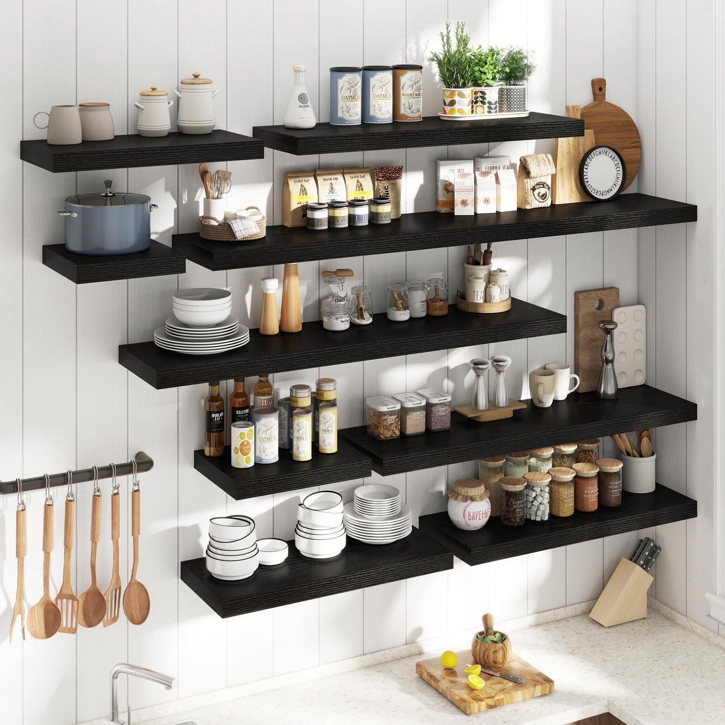 30 Inch Floating Shelves for Wall Set of 2, 12"D Wood Grain Bathroom Shelves with Invisible Brackets, Easy Install Engineered Wood Storage Shelves for Kitchen, Living Room, Bedroom, Black Finish