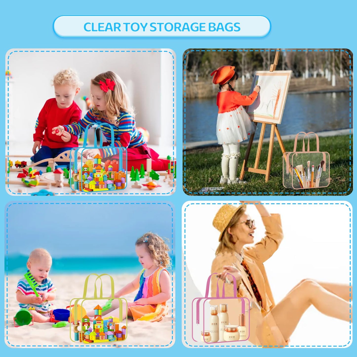 6 Packs Large Toy Storage Bags PVC Waterproof Organizers Toy Bags Reusable Clear PVC Board Game Storage with Zipper and Handle for Board Games, Building Blocks, Puzzles, Toys and Handmade Accessories