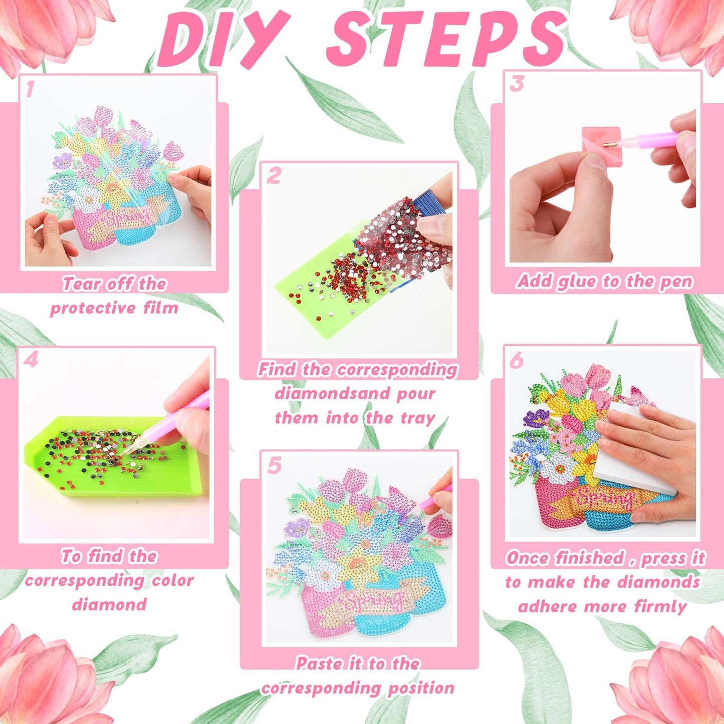 Menkxi 3 Pcs Spring Diamond Art Kits for Adults Spring Flowers Diamond Painting Kits 5d DIY Wreath Tulip Spray Bottle Crystal Painting Hanging Sign for Beginners Craft Supplies Door Wall Window Decor