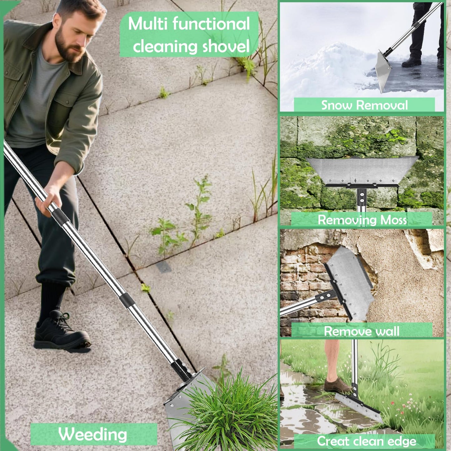 Garden Weed pullerToo,Heavy Duty 12" Multi Flat ShovelScraper, 14" Steel Thatch Rake with Adjustable Long Handle forLeaf & Moss& Edging & Ice & Snow Removal in Lawn, DrivewaysPatios, Cracks