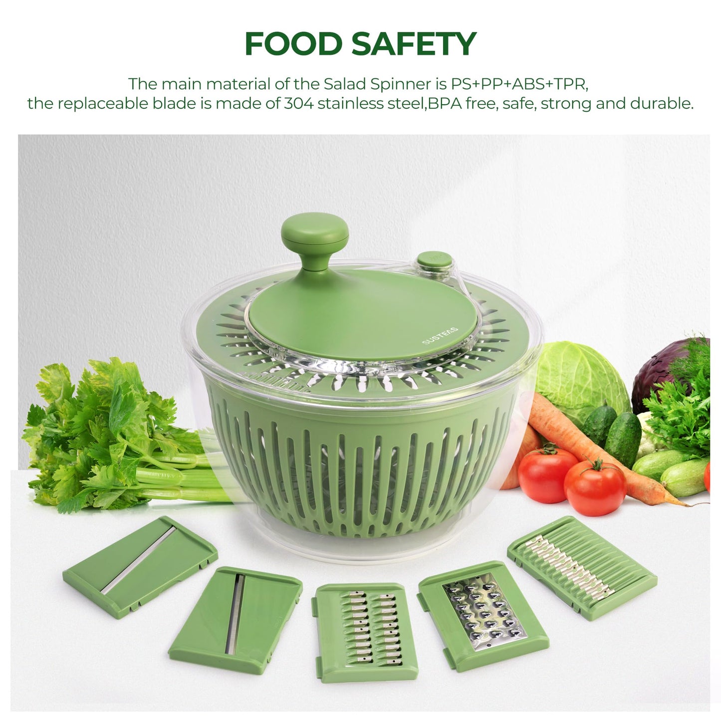 SUSTEAS Salad Spinner Large, Vegetables Wash Bowl, Fruits & Herb Lettuce Dryer with 5 Blade Slicer Egg Yolk Strainer Shredder for Efficient Salad Preparation and Food Washing, 4.25Qt