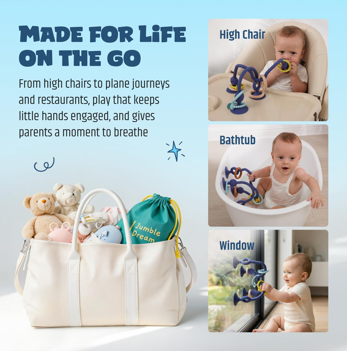 Jumble Jangle Baby Teething Toys ā BPA-Free, Multi Purpose High Chair Toys & Sensory Toys for Kids with Autism: Suction Teething Relief with Sensory Toy Textures for Infants & Toddlers (Green)