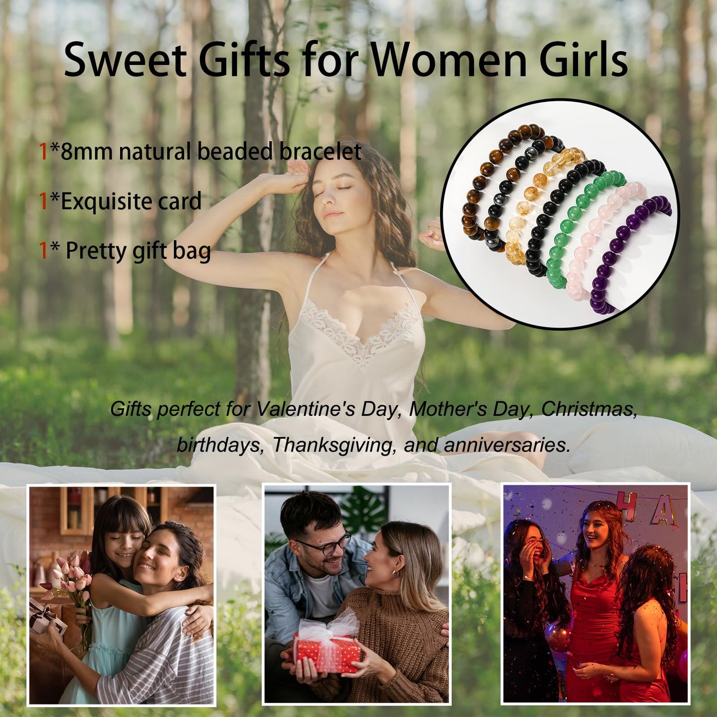 Gnamy Black Obsidian Bracelet for Women, Healing Crystal Bracelet for Spiritual Healing Positive Energy Stress Relief, Natural Stone Stretch Beaded Bracelets Birthday Valentines Jewelry Gifts for Daughter Her Best Friends Girlfriend