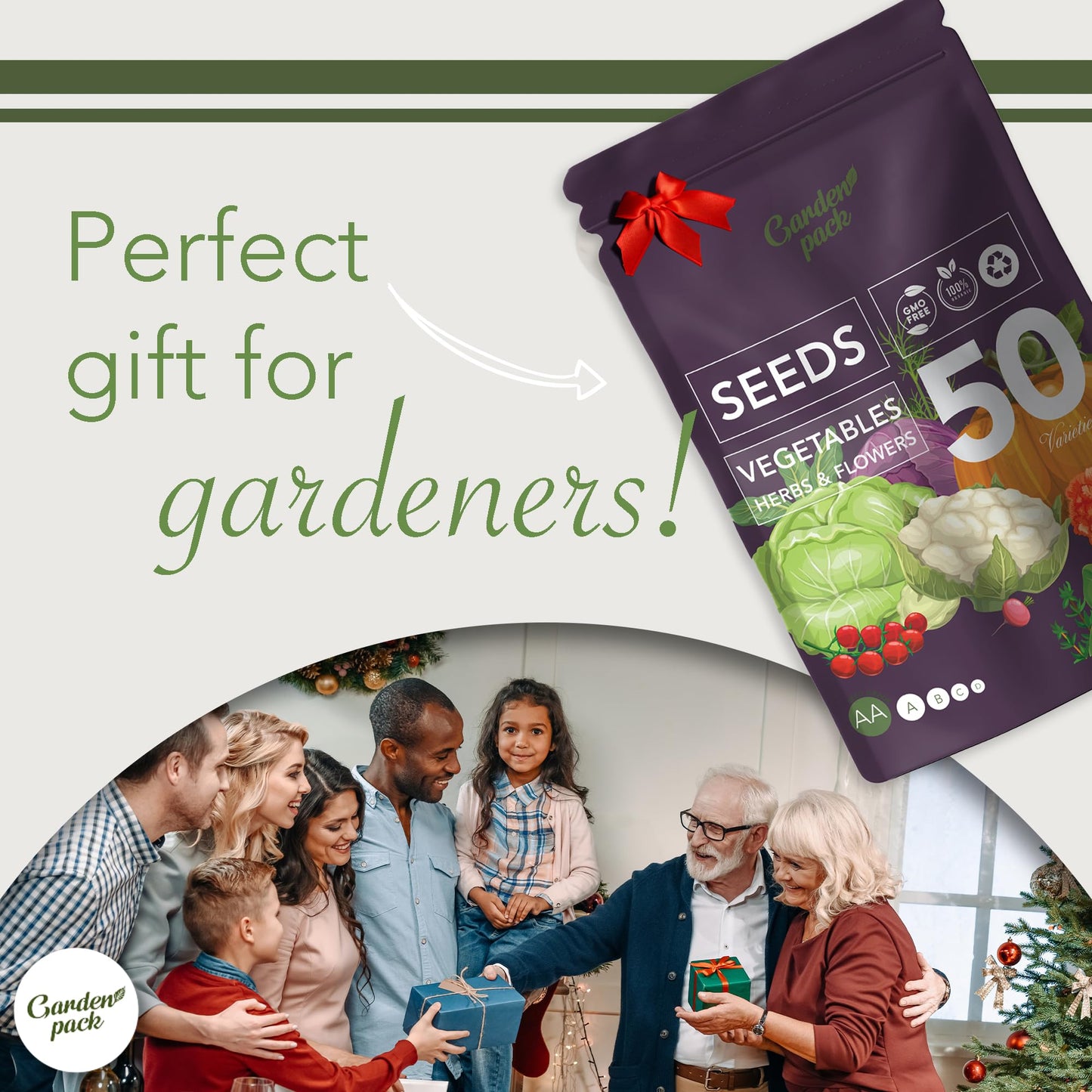 Garden Pack Vegetable Seeds Pouch - 50 Varieties of Vegetable, Herb & Flower Seeds for Planting - 25,000 Non GMO Heirloom Seeds - Gardening Gifts for Men and Women
