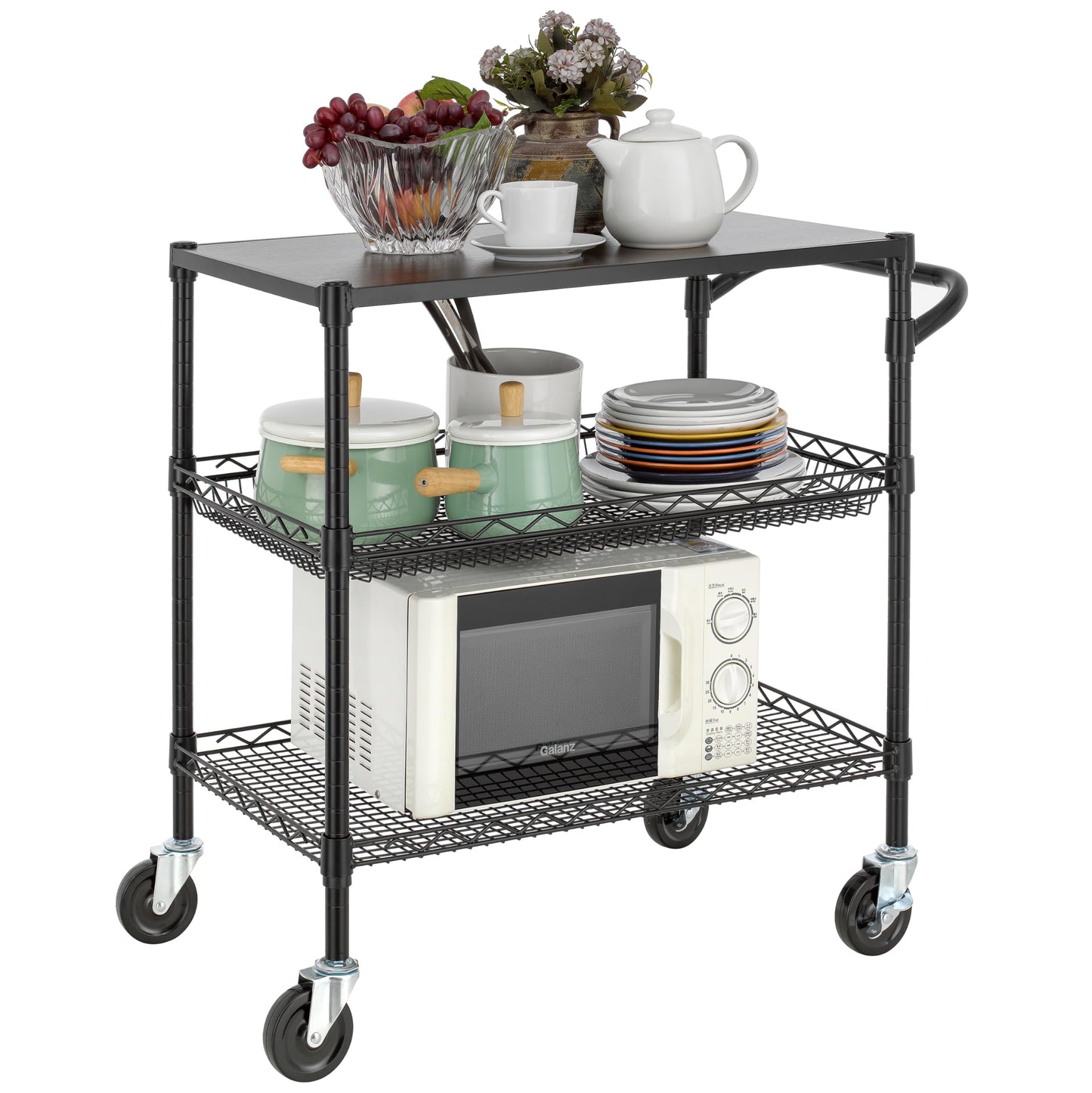 Finnhomy 3 Tier Heavy Duty Commercial Grade Utility Cart with Wood Top, Wire Rolling Cart with Wheels and Handle Bar, Kitchen Carts on Wheels, Metal Cart with 600 LBS Capacity, Black
