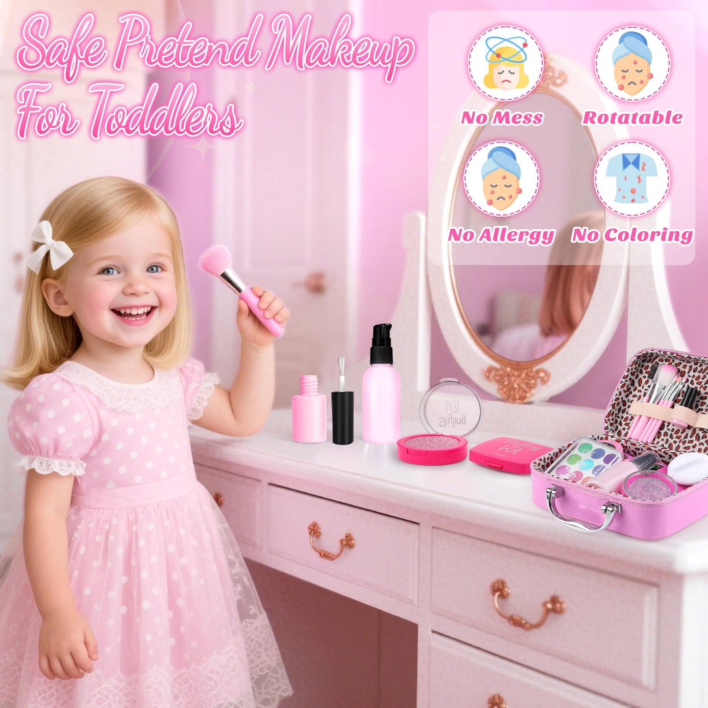 Pretend Makeup for Toddlers, Toy Play Makeup Set for Kids 3-5, Toddler Makeup Kit Pretend, Fake Makeup for Kids, Princess Toddler Toys for Girls, Gifts Toys for 3 4 5+ Year Old Girls(Not Real Makeup)