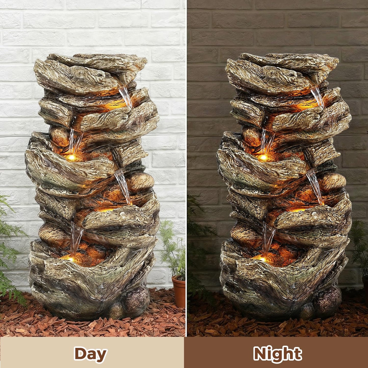Jocoevol 32" High Outdoor Water Fountain, 5-Tiers Cascading Rock Waterfall Fountain with LED Lights for Garden, Patio, Yard Decor, Soothing Tranquility for Any Outdoor Living Space