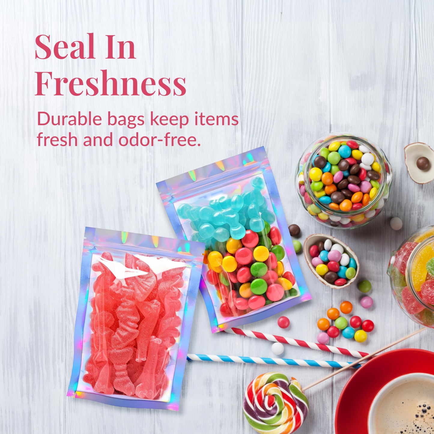 Prestee 100 Pack Mylar Bags 4x6 - Resealable Holographic Bags with Window - Smell Proof Mylar Bag for Food Storage, Candy Bag, Packaging Bags for Small Business, Snacks, Coffee, Herbs, and More