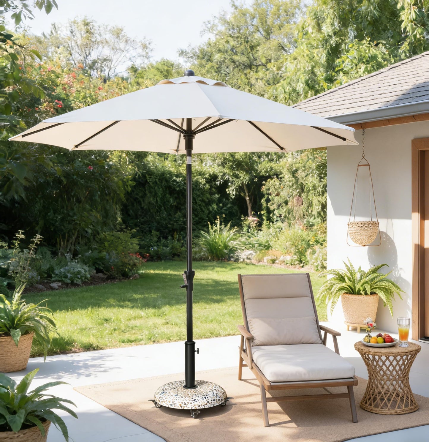 VredHom 45lbs Patio Umbrella Base with 4 Wheels, Round Cobblestone Concrete Stand, Heavy Duty Market Umbrella Stand for Outdoor