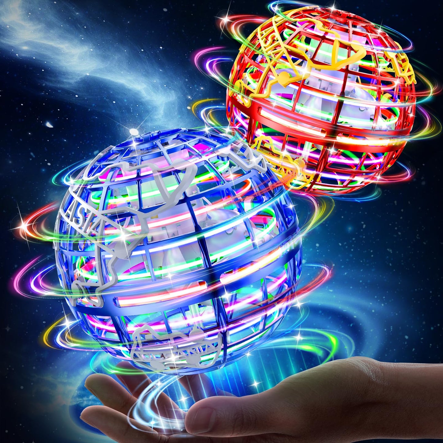 RIEYON Flying orb Ball 2023 Hover Boomerang Ball 6 Lighting Effects Cool Toys Gift for 678910+ Year Kids Teen Adults Indoor Outdoor Flying Ball Toy(Blue & Red)