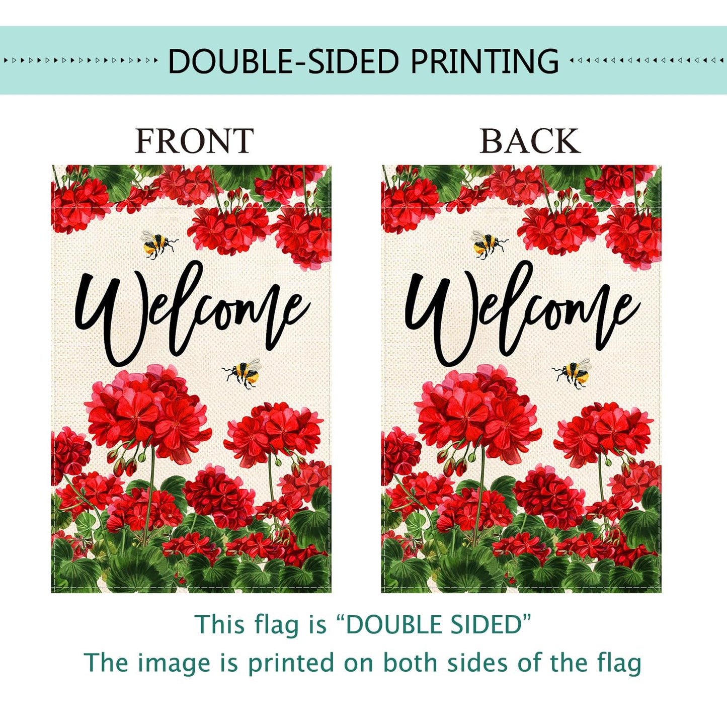 Baccessor Spring Summer Geranium Welcome Garden Flag Double Sided Summer Bee Red Floral Small Burlap Yard Flag House Seasonal Farmhouse Outside Outdoor Decoration 12.5 x 18 Inch