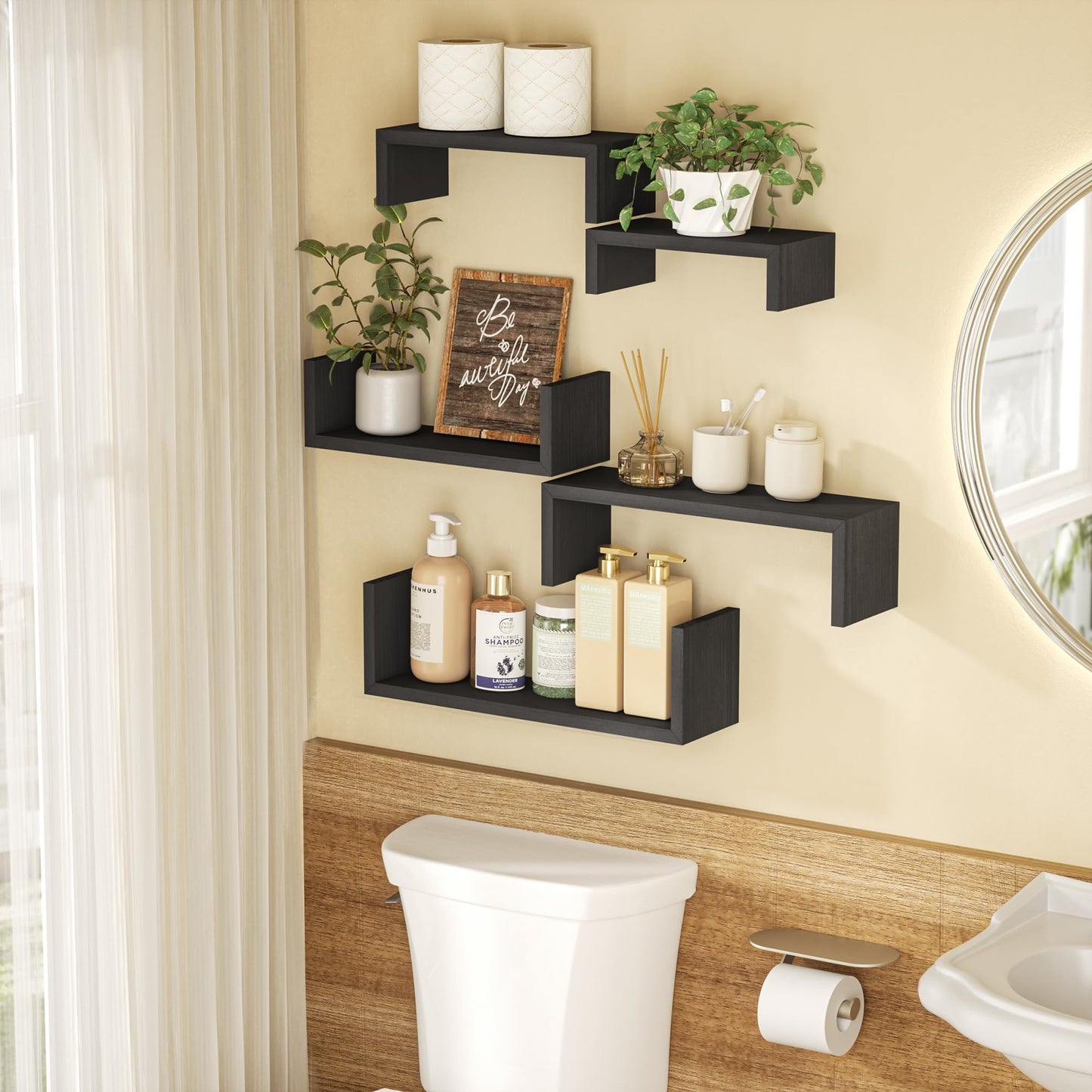 SRIWATANA Floating Shelves for Wall, Wall Shelves for Bathroom, Bedroom, Living Room, Kitchen, Office, Wood Shelves for Home Decor Set of 5 (Weathered Black)