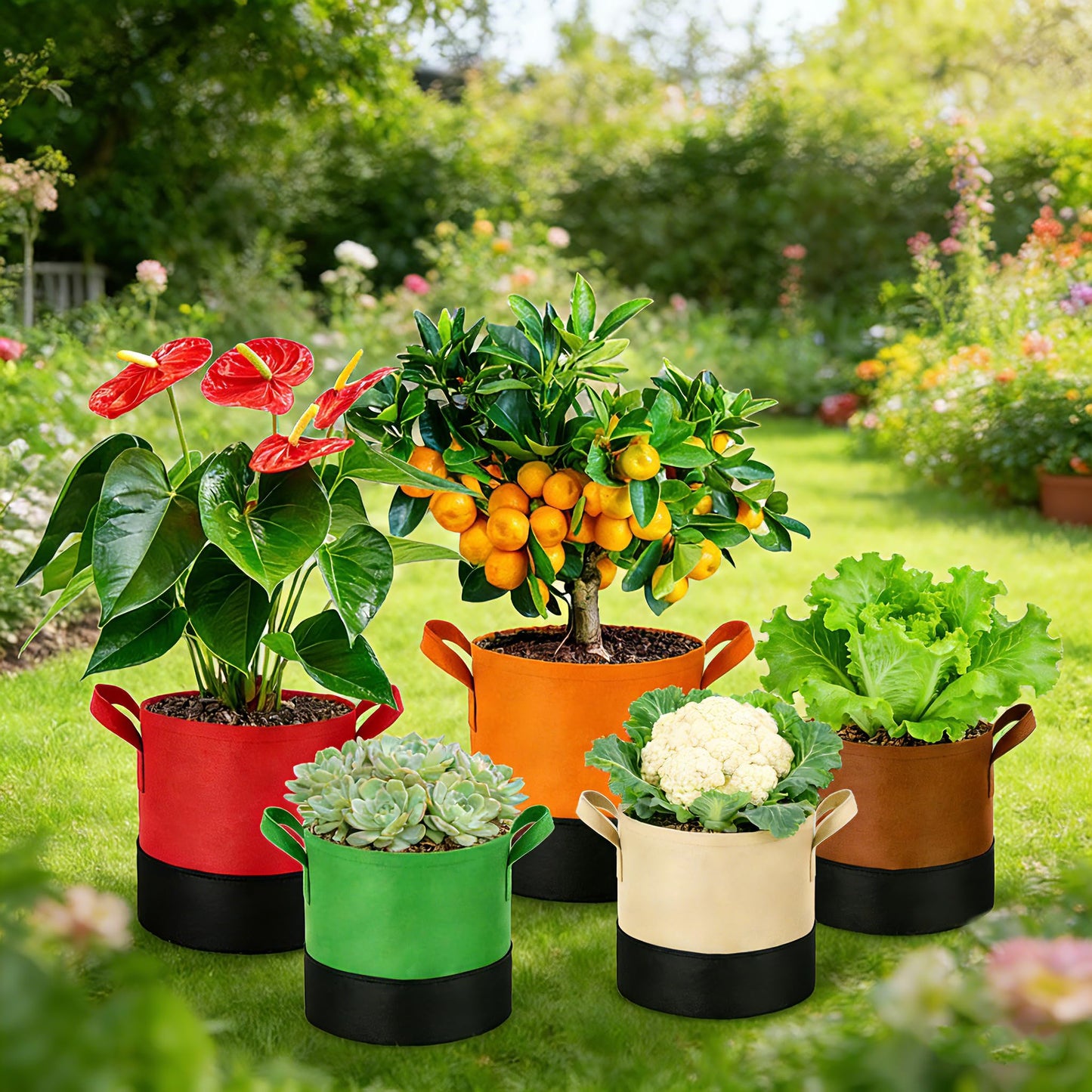 Fhyisble 15 Gallon Fabric Grow Bags 5-Pack, 350G Heavy Duty Nonwove Fabric Pots with Handles, Breathable Grow Planter for Vegetables Flowers Indoor Outdoor Gardening