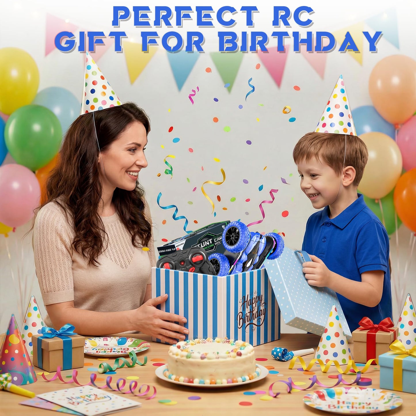 Wedopro RC Car for Boy Ages 6-12: 2 Batteries 360° Stunt Rotating 4WD Remote Control Toy with Headlights, Indoor Outdoor Birthday Gifts for Kids 6 7 8 9 10 11 12, Blue