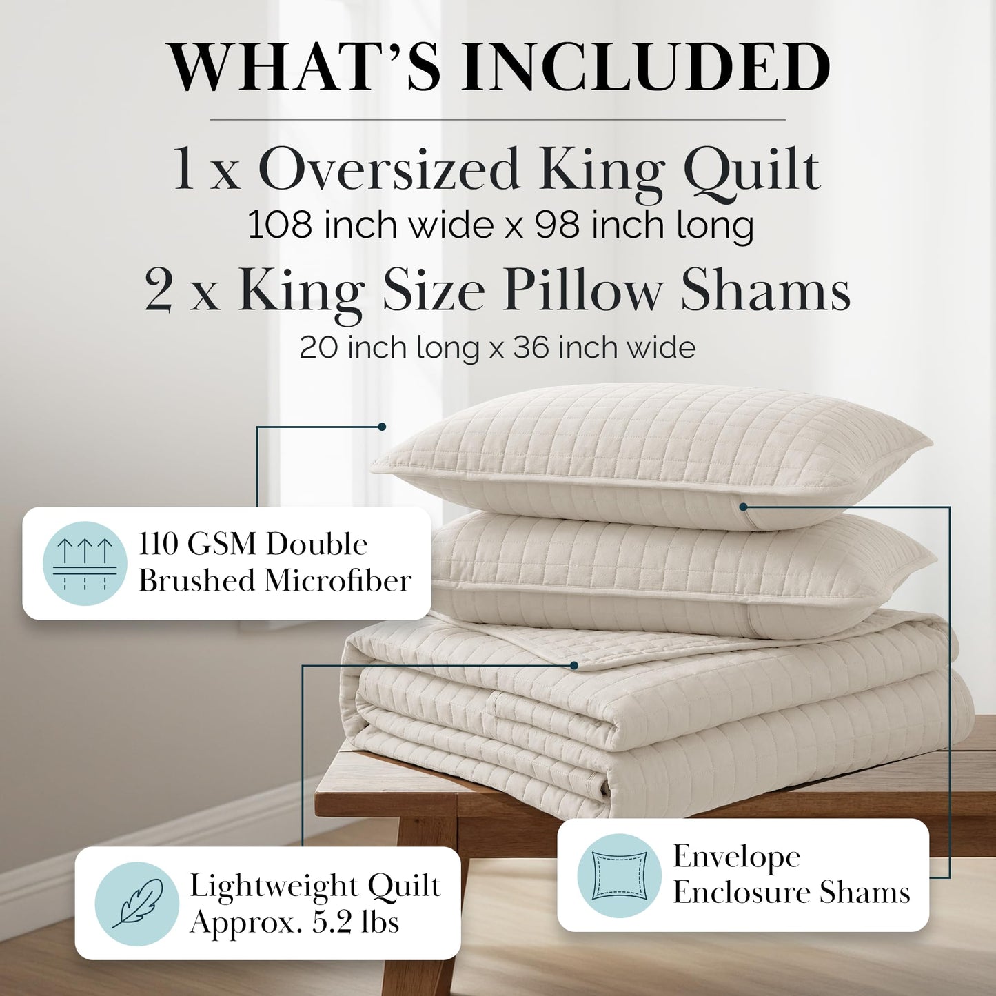 Southshore Fine Living, Inc. King Quilt Bedding Set, Quilted Coverlet Bed Spread for California Kings, Luxury Bedding King Size Quilt Bedding Set, Lightweight Quilted Bedspread w/Shams, Natural Beige