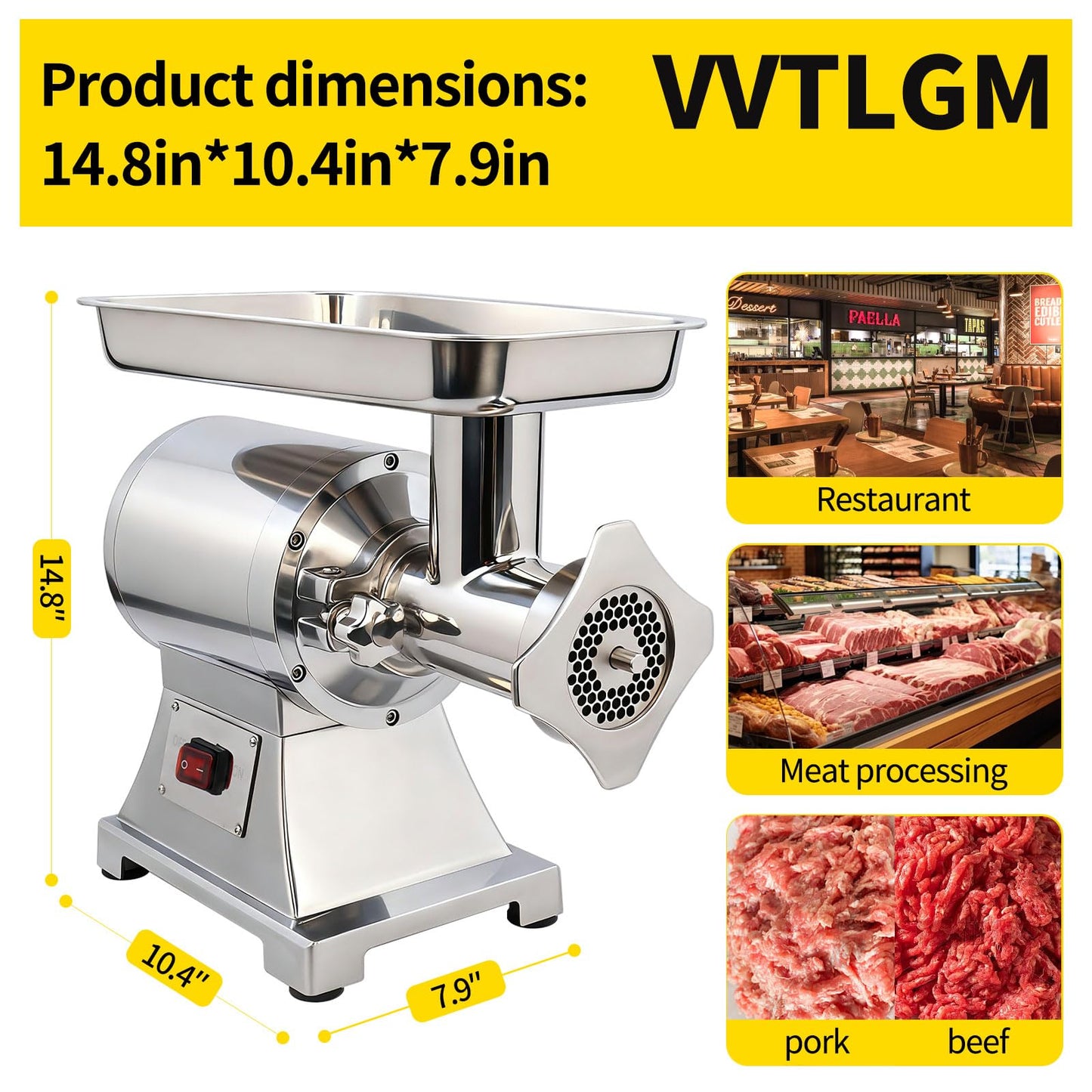 Heavy Duty Commercial Meat Grinder Machine 1.5 HP, 1100W, 330LB/h Stainless Steel Electric Meat Mincer with 2 Blades & Meat Pusher Ideal for Home Kitchen, Hotel, Restaurant