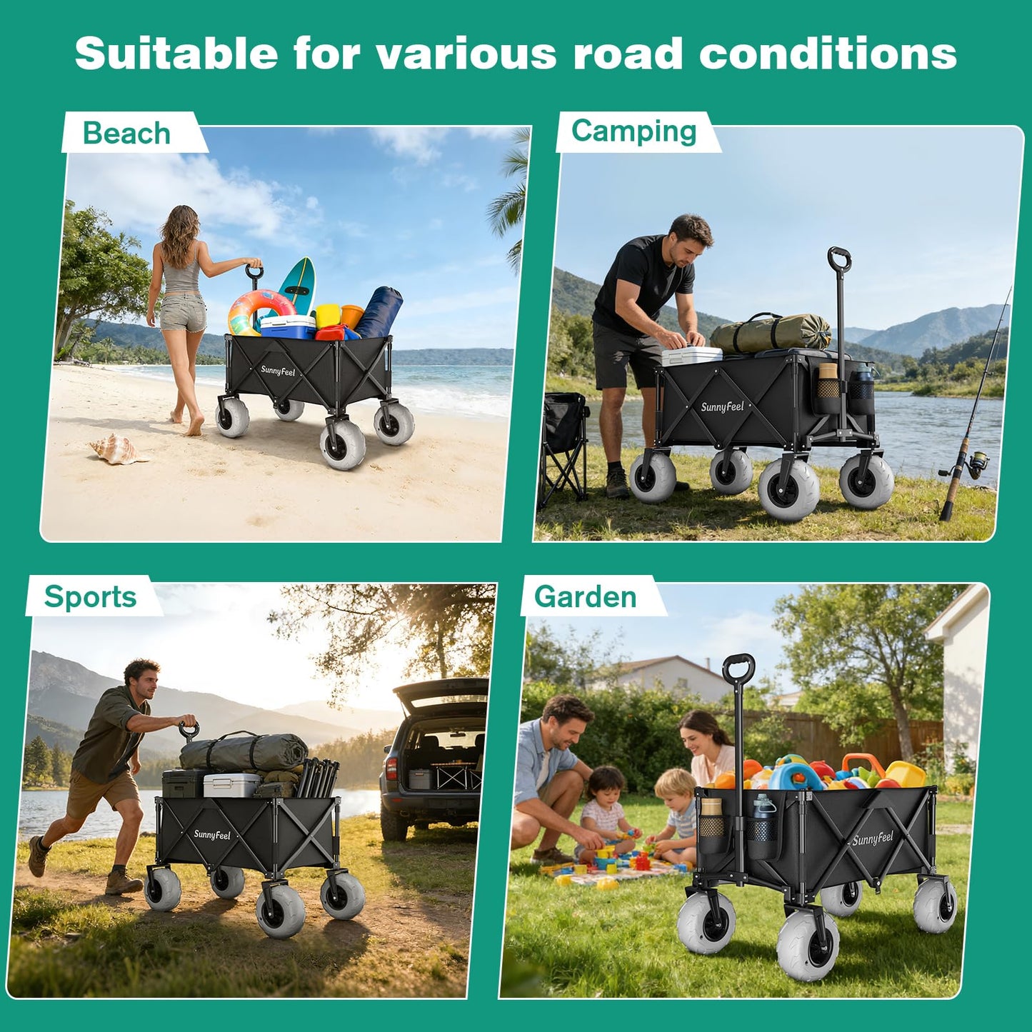 SUNNYFEEL 41" L Beach Wagon with Big Wheels for Sand - 550lbs Heavy Duty Folding Beach Wagon - All Terrain Steel Frame with 9" Pneumatic Tires for Beach,Camping,Sports,Garden (Black)