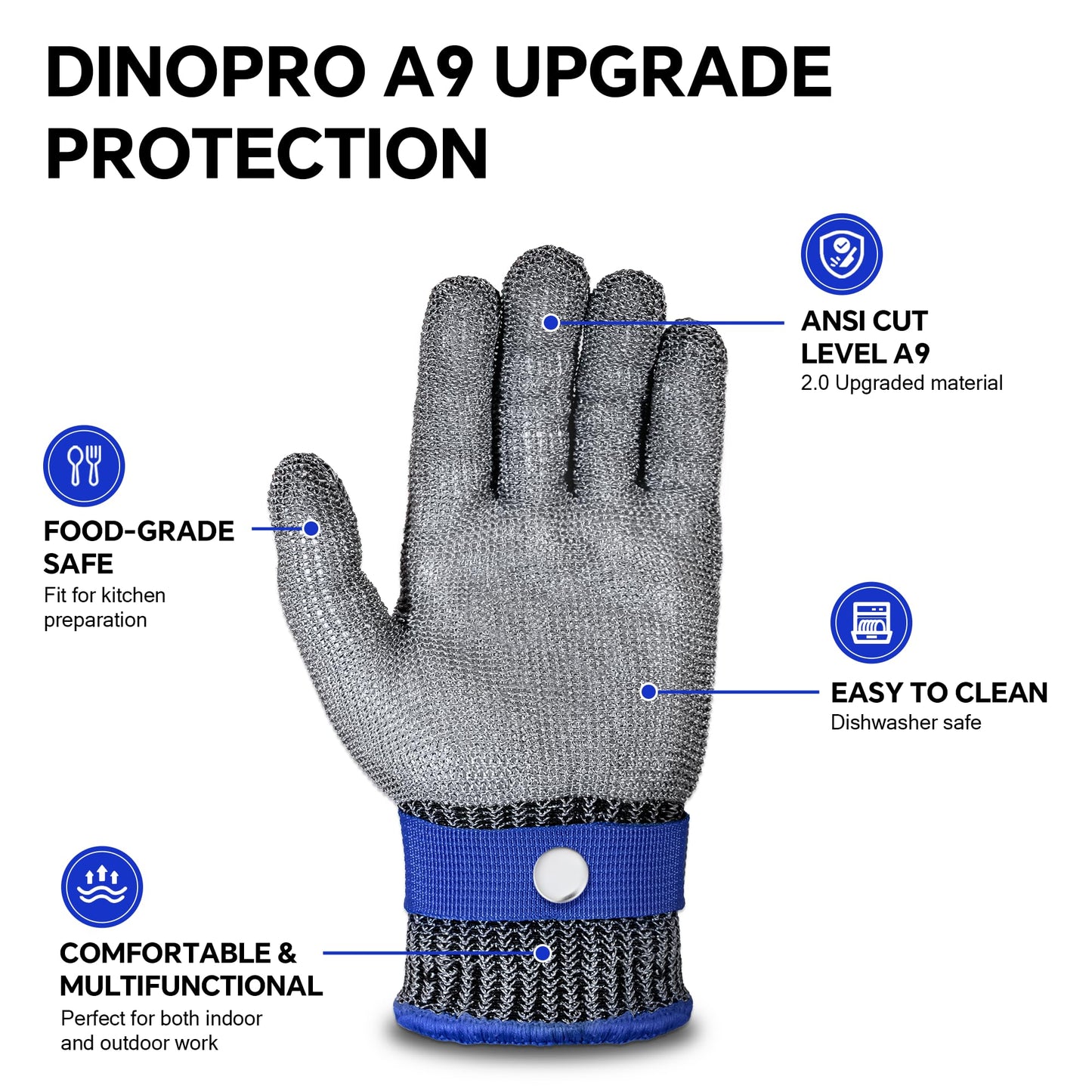 ZEEGO ANSI A9 Cut Resistant Glove, Food Grade Stainless Steel Mesh Metal Glove, Suitable for Mandoline, Kitchen Cooking,Butcher Meat Cutting and Oyster Shucking(Large Size)