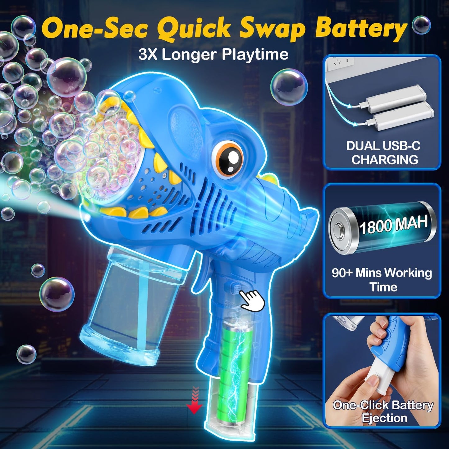 Bubble Machine Gun Kids Toys 2 Pack Rechargeable Bubble Guns with 4 Solutions Bubbles for Kids Toddlers Maker Blower Easter Basket Stuffers Dinosaur Outdoor Toys Valentines Boys Girls