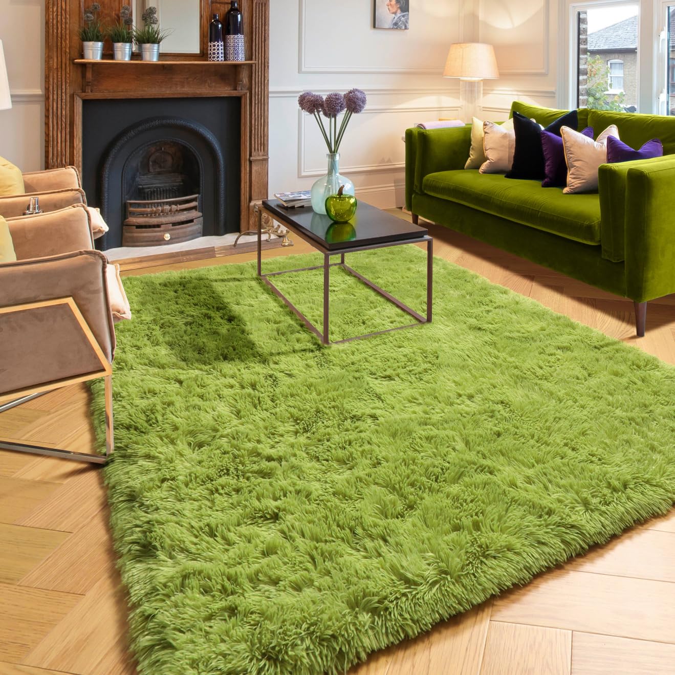 Amdrebio Grass Green Rugs for Living Room Bedroom Decor Aesthetic, 9x12 Large Fluffy Shag Area Rug for Kids Room Baby Nursery Teen Girls Boys, Cool Fuzzy Plush Cute Moss Carpet for Classroom Playroom