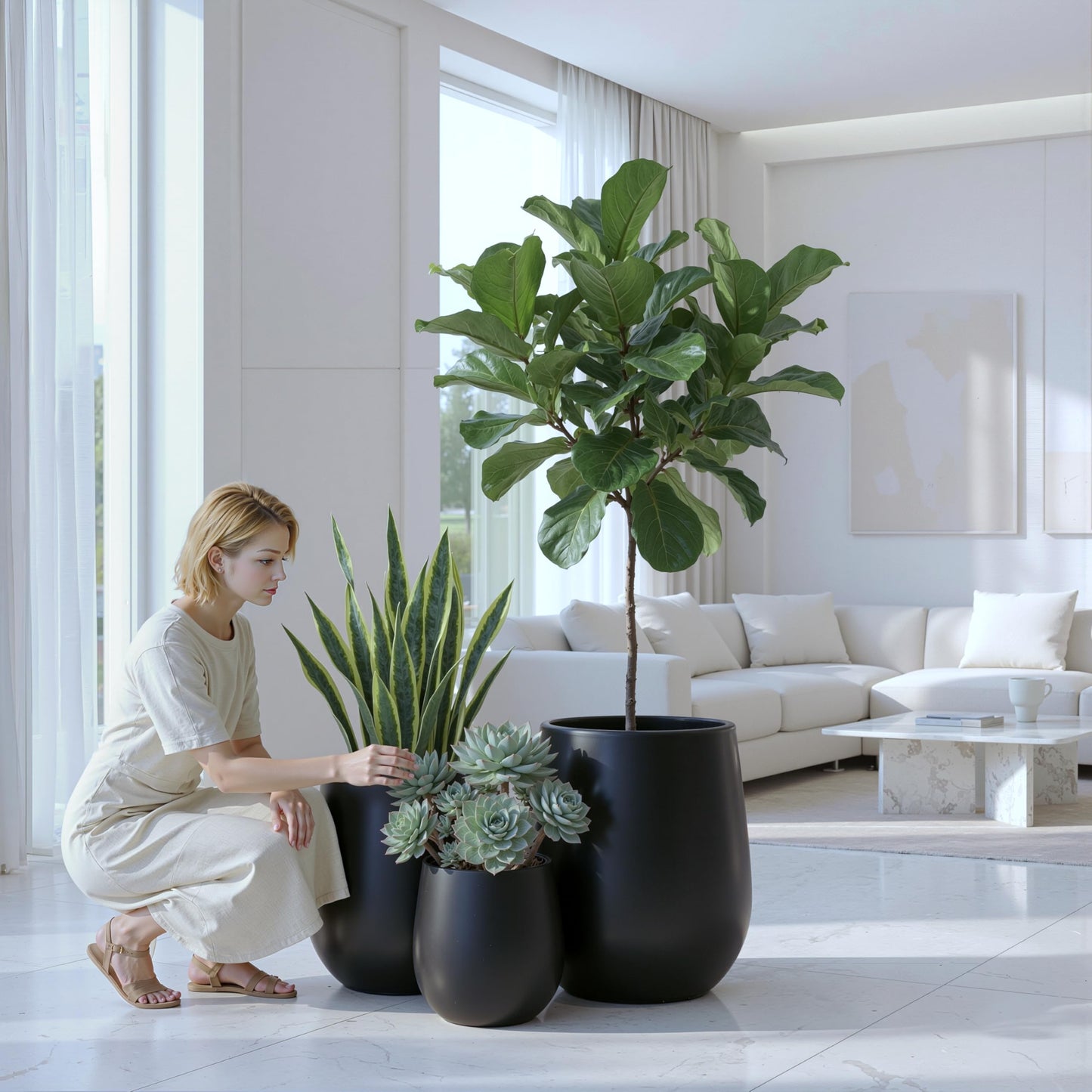 DTY Premium Mt Wilson Tall Tapered Fiberstone Planter for Indoor Outdoor Use, Modern Large Olive Tree Pot with Drainage Hole, Includes 2 Coco Mats. Black, Large 20.1'' D x 21.9'' H. 15.4” Pot Opening