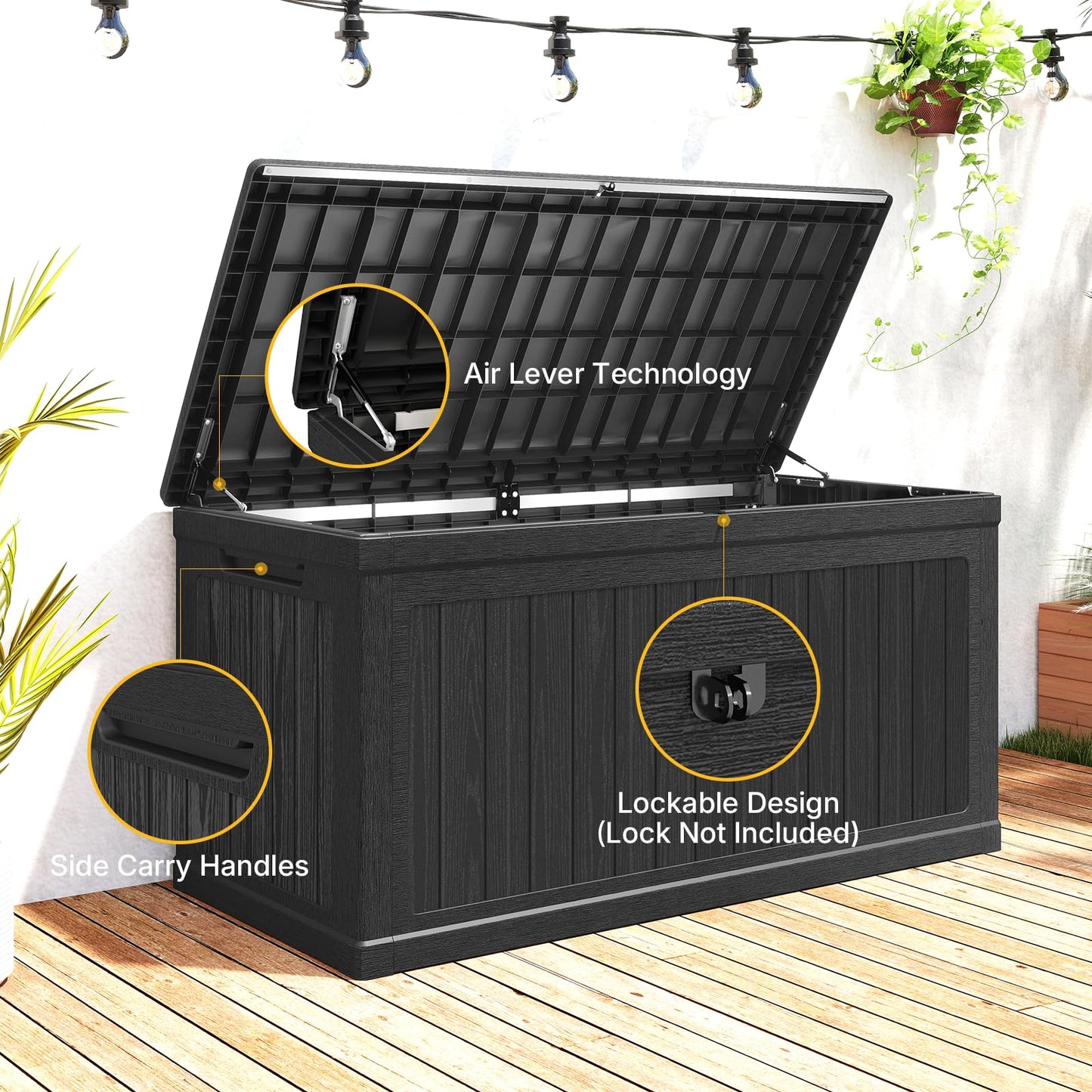 Skepphlay 260 Gallon Deck Box Lockable, Outdoor Storage Box Waterproof and UV Resistant, Large Patio Storage Box with 1000 lbs Capacity, for Garden, Patio Furniture, Pool (Black)