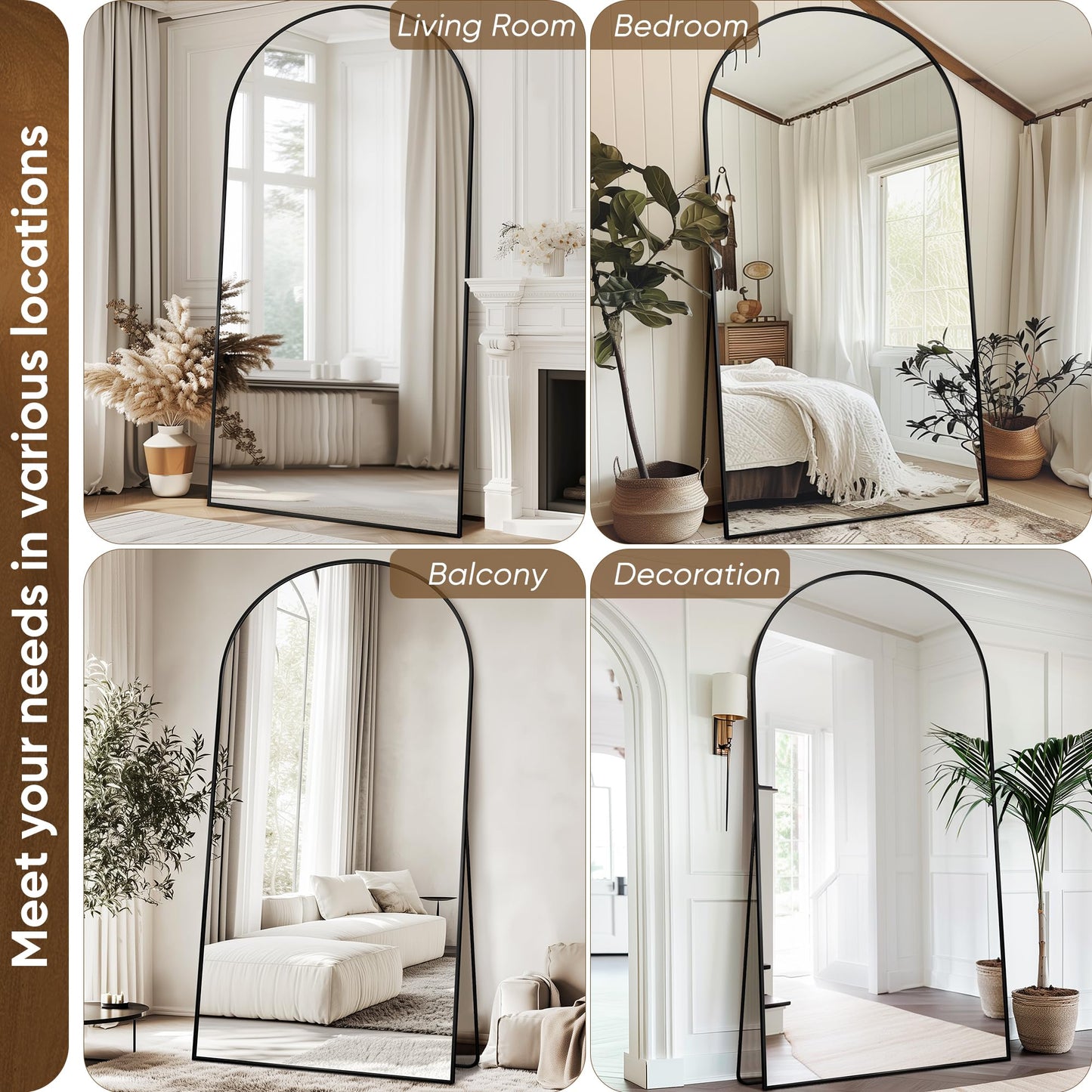 Antok Oversized Full Length Mirror with Stand, 83"x44" Arched Floor Mirror, Aluminum Frame, Wall Mounted/Leaning/Free Standing, Large Body Mirror for Bedroom Living Room Entryway Dressing Room,Black