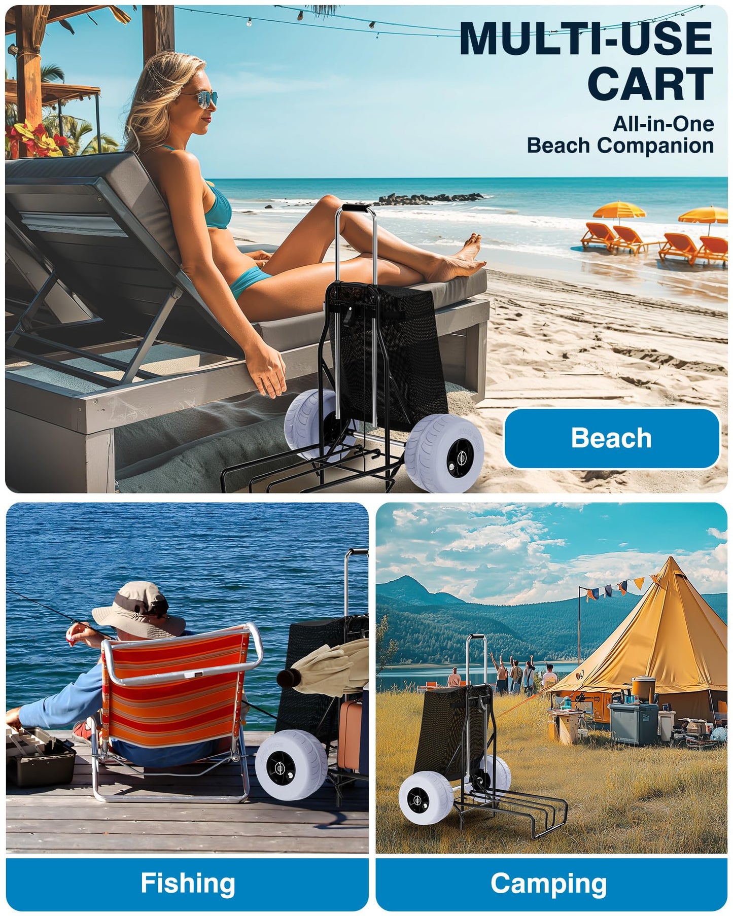 PYY Beach Cart with Big Balloon Wheels for Sand, Foldable Wagon Dolly Buggy Trolley for Outdoor Camping Shopping Fishing with 200 Lbs Loading Capacity, 9" Large Rolling Tires, Collapsible Storage Bag