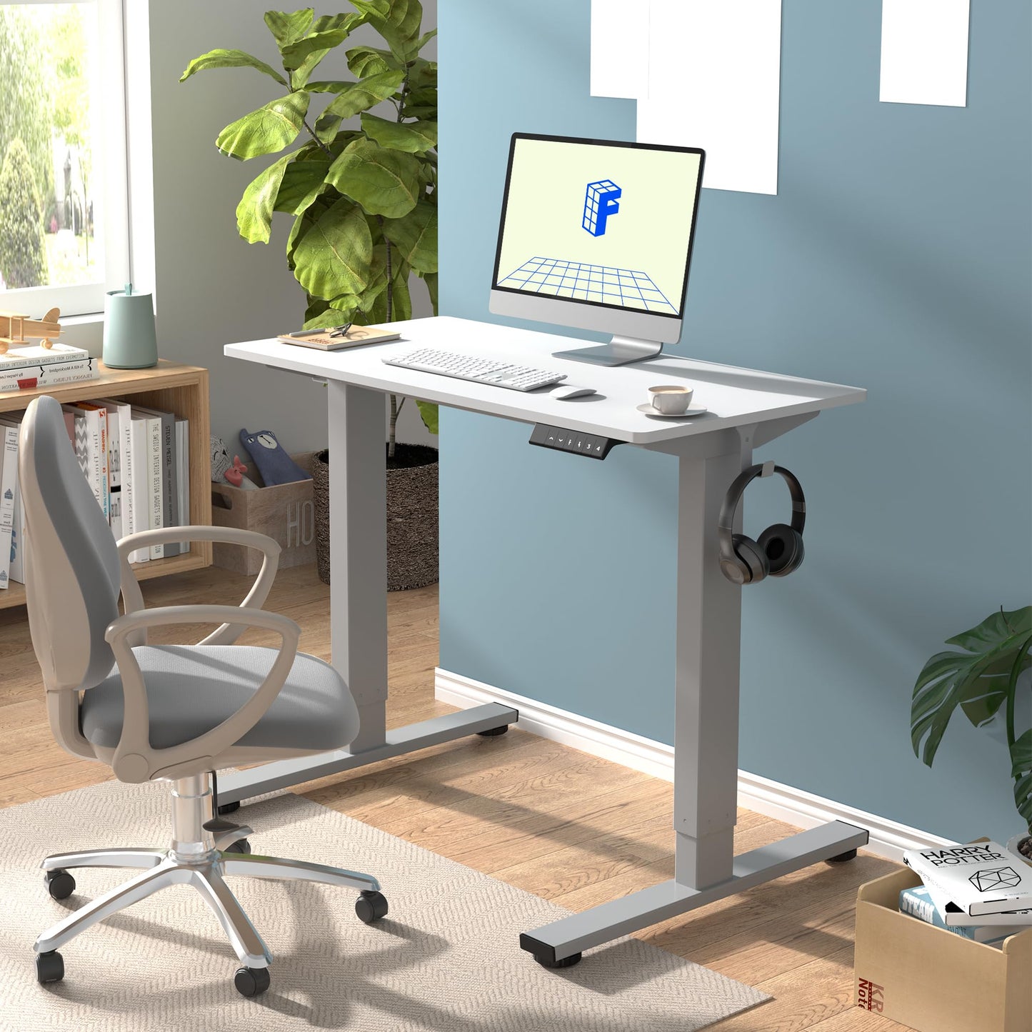 FLEXISPOT EN1 One-Piece Adjustable Desk 40 x 24 Inches Stand Up Desk Workstation Electric Standing Desk with Seamless Desktop (Silver Frame + 40 inches White Top, 2 Packages)