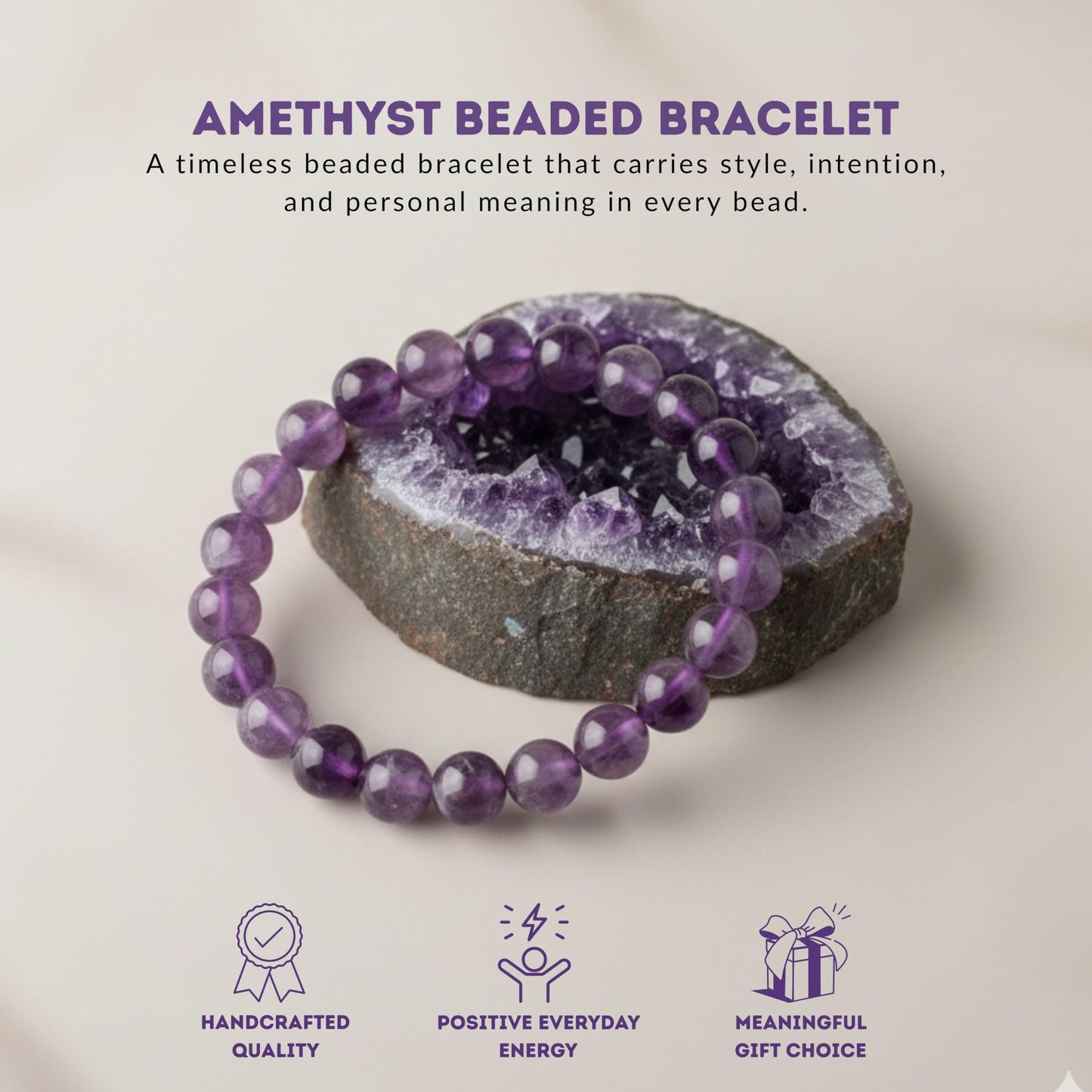Cherry Tree Collection Amethyst Beaded Bracelet – Genuine 8mm Gemstone Stretch Bracelet for Men & Women – Handmade Crystal Bracelet - (Amethyst - M)