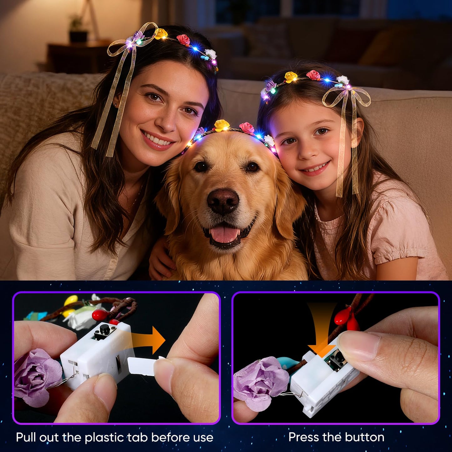 Chicloop 50 PCS LED Flower Crowns Headbands with Ribbons, Light Up Flower Headband for Women, Glow in the Dark Party Supplies for Wedding Birthday Party