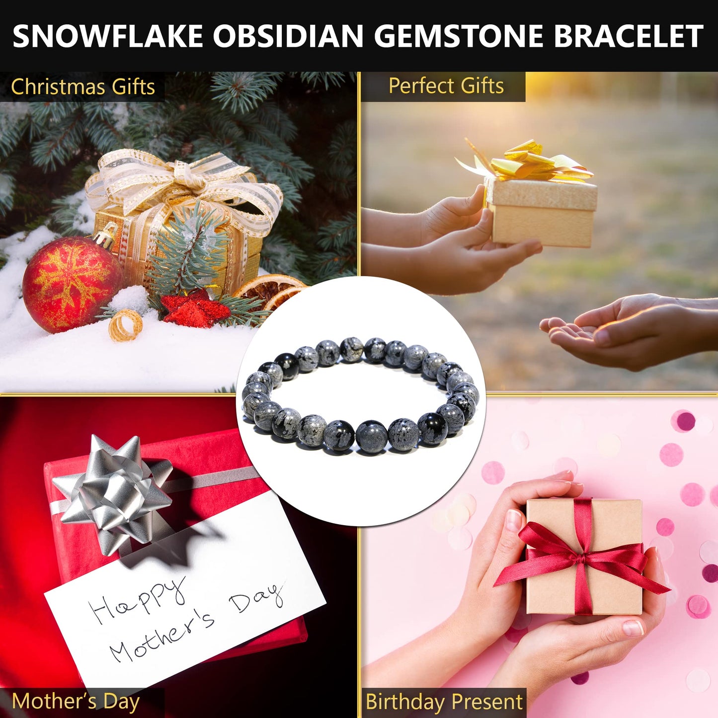 ANAYA AGATE Natural Snowflake Obsidian Bracelet, Healing Crystal Bracelet for Women and Men, 8mm Round Beaded Bracelet for Spiritual, Protection, Positive Energy, Elastic Adjustable Size Gemstone Bead Bracelet