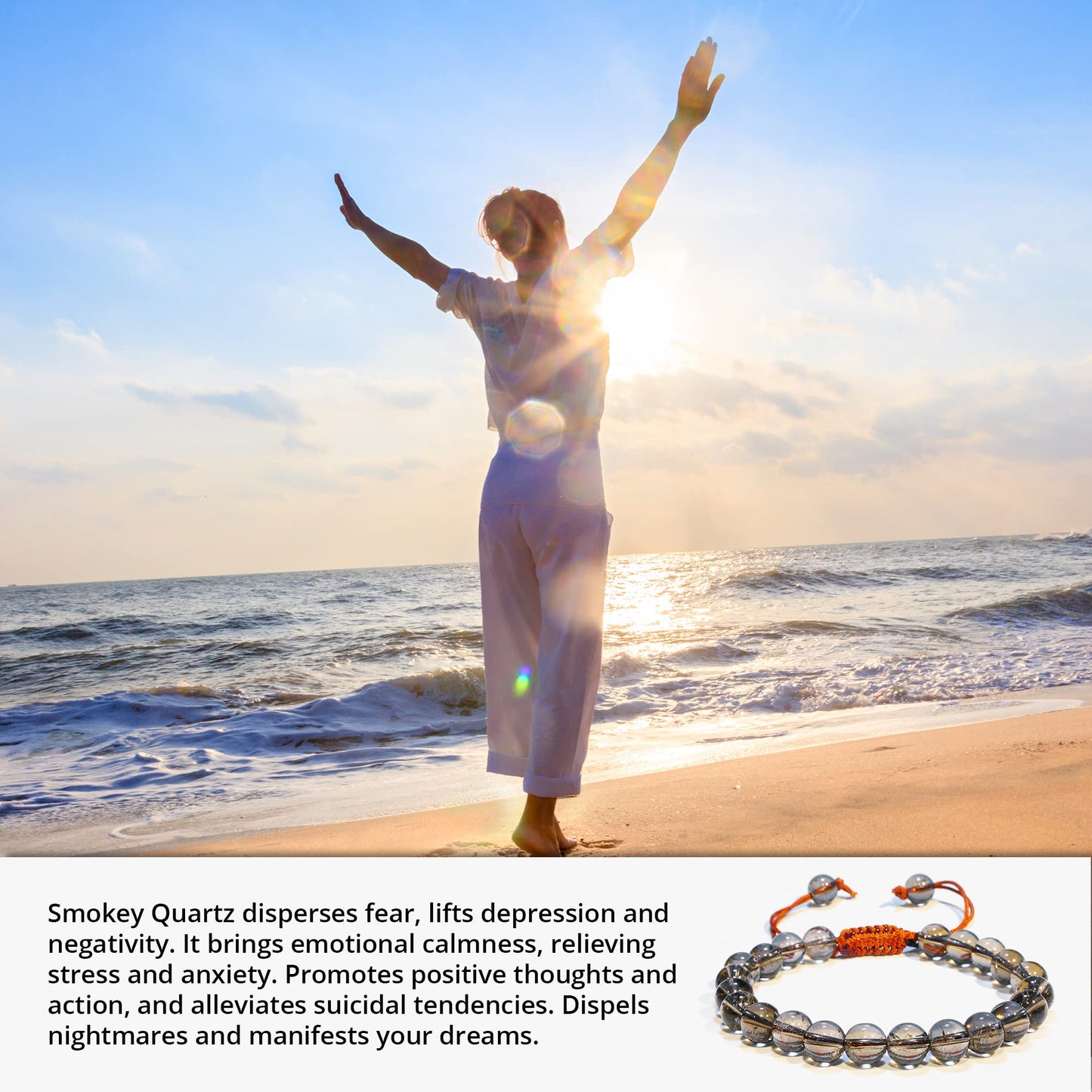 ANAYA AGATE Healing Crystal Bracelet – Chic Gemstone Bracelet for Men and Women – 8mm Round Bead Bracelets for Spiritual Healing, Protection, Positive Energy - Smoky Quartz