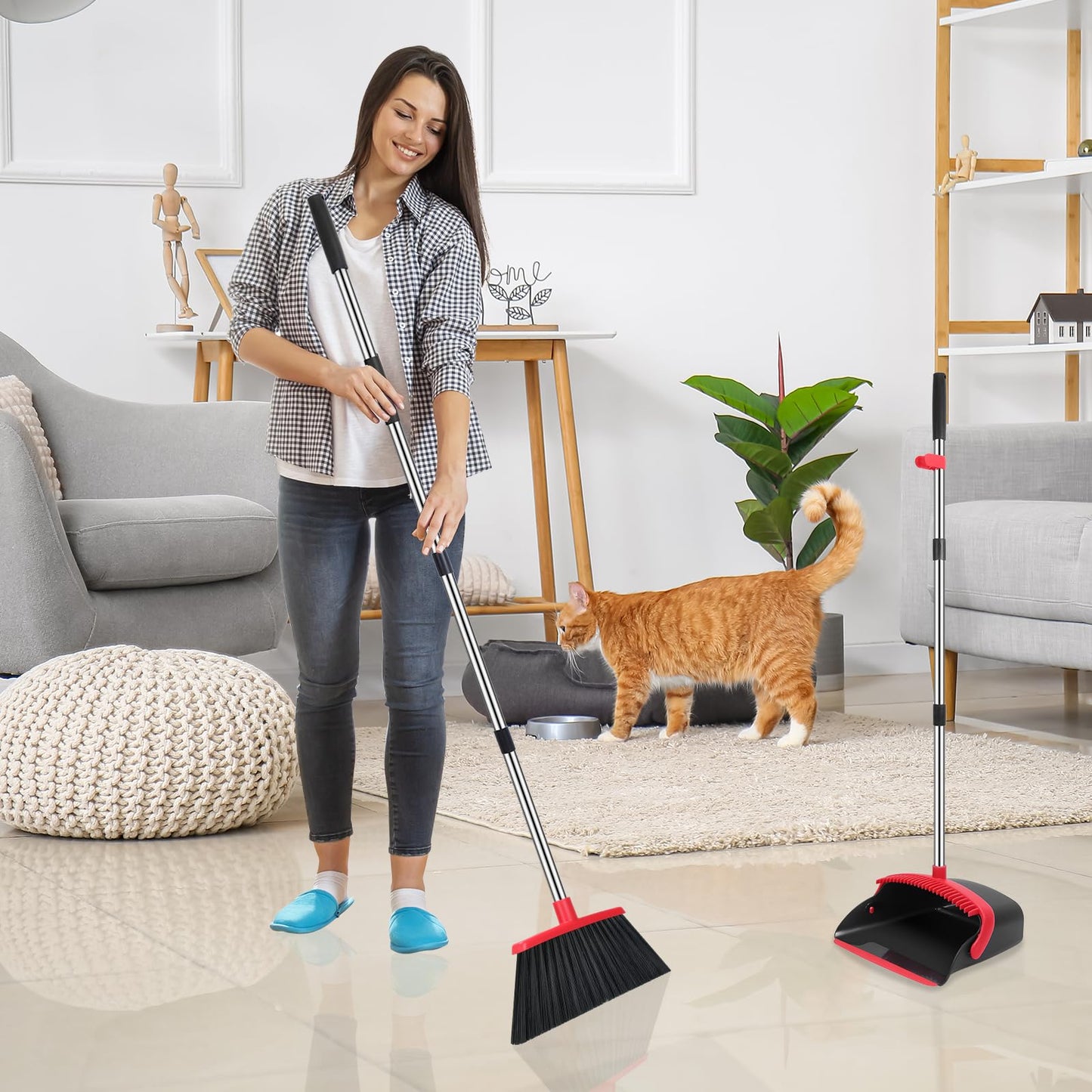 NACENA Broom and Dustpan Set, 52-in Long Adjustable Handle Broom Dustpan Combo with Dustpan Teeth to Automatically Clean Hair Suitable for Home Kitchen Office Hall Floor(Black&Red)