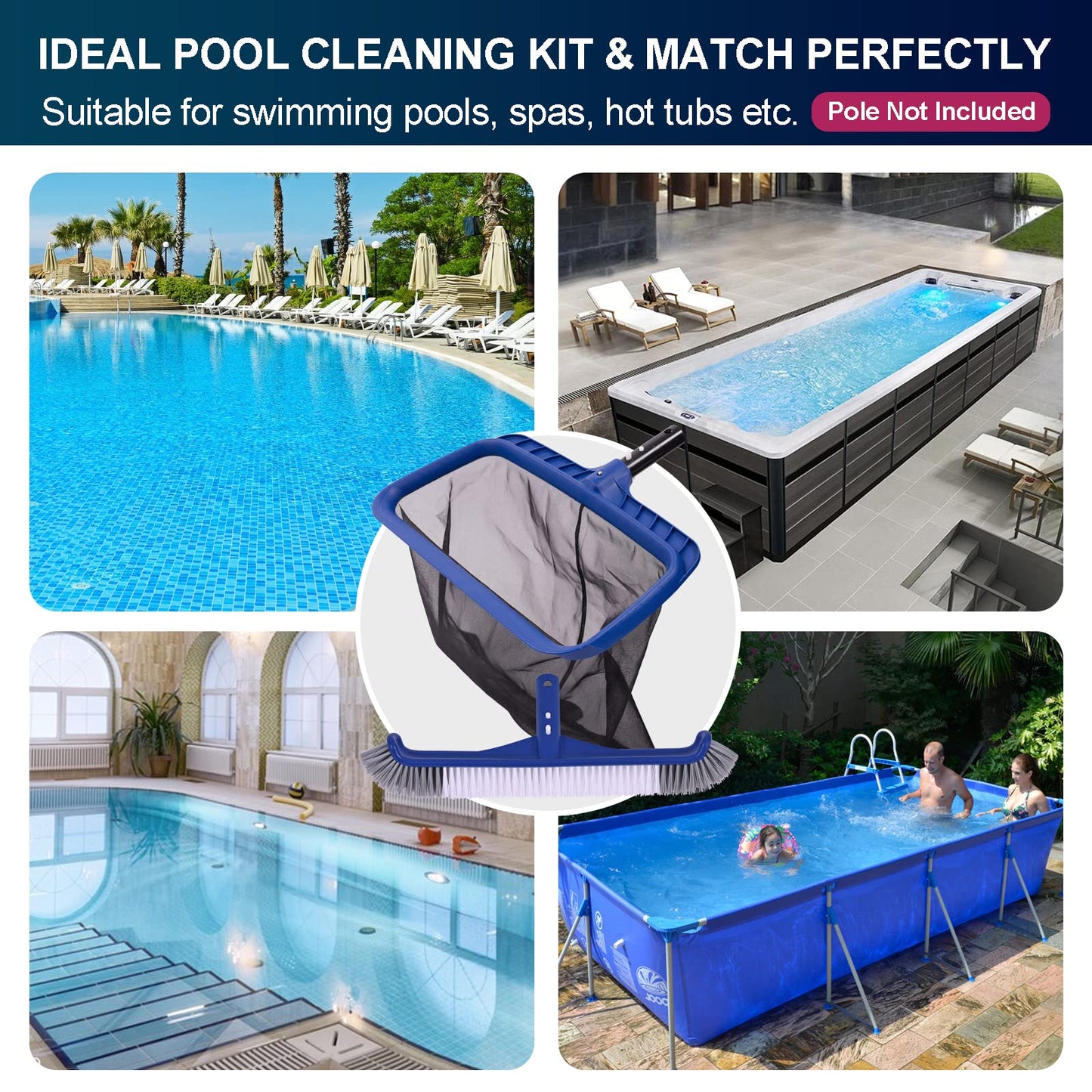 Fine Mesh Pool Skimmer Net & Pool Brush Kit, Durable Pool Cleaning Kit Includes Pool Net Skimmer with Sturdy Frame &17.5" Professional Pool Brush Head for Inground Pools & Above Ground Pools