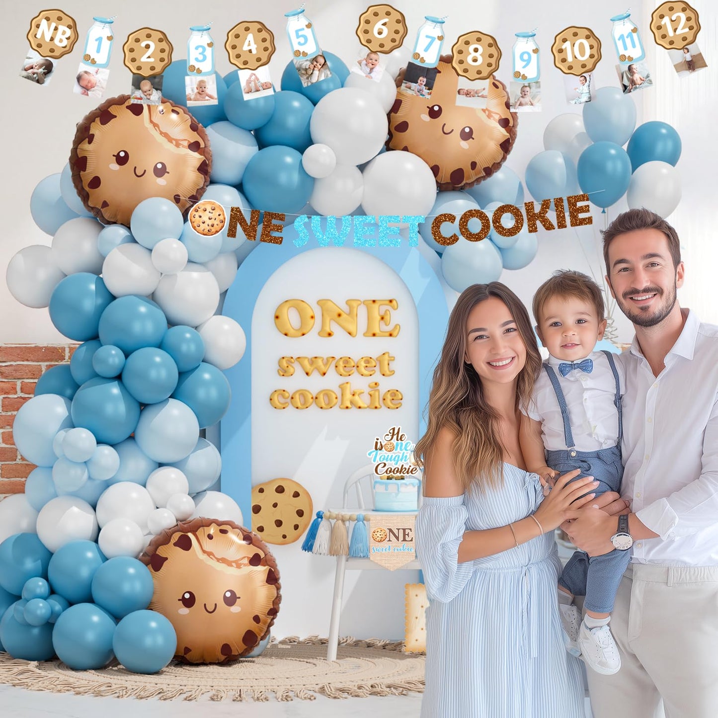Costova Milk and Cookies 1st Birthday Decorations, 106 PCs One Sweet Cookie Birthday Supplies with Backdrop, Balloon Garland, Cake Topper, Hat for One Year Old Boy Party