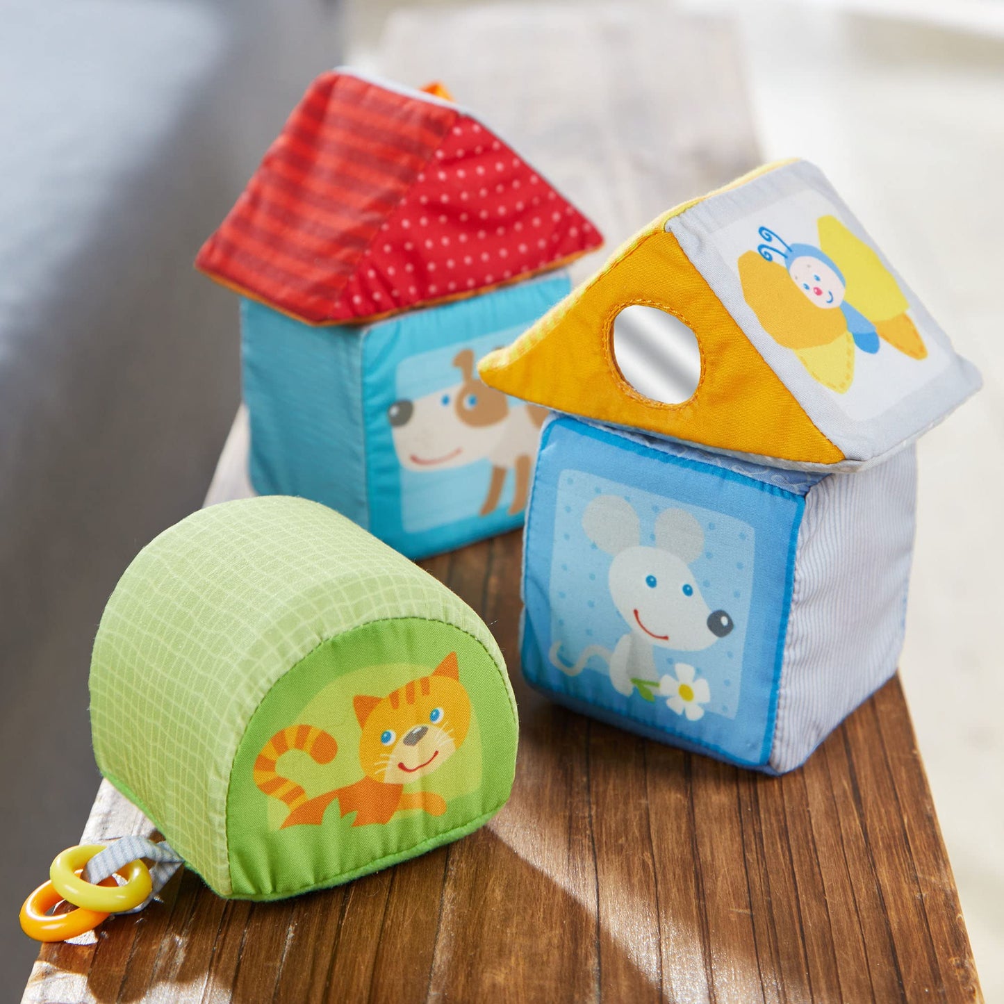 HABA Animal Soft Baby Blocks for 6-12 Months - 5 Geometric Shape Baby Sensory Toys with Rattle, Mirror, Squeaker & Crinkle Foil, Soft Building Blocks for Babies 6-12 Months