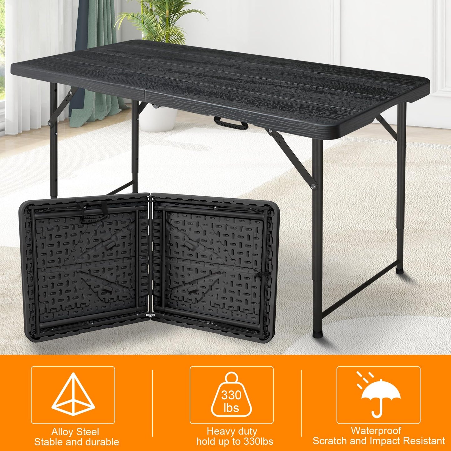 FROASISPRO 4ft Folding Table, Portable Fold-in-Half Adjustable Height Utility Table for Indoor/Outdoor Use, Durable HDPE & Steel, Stable & Lightweight, Multi-Purpose, Black Woodgrain