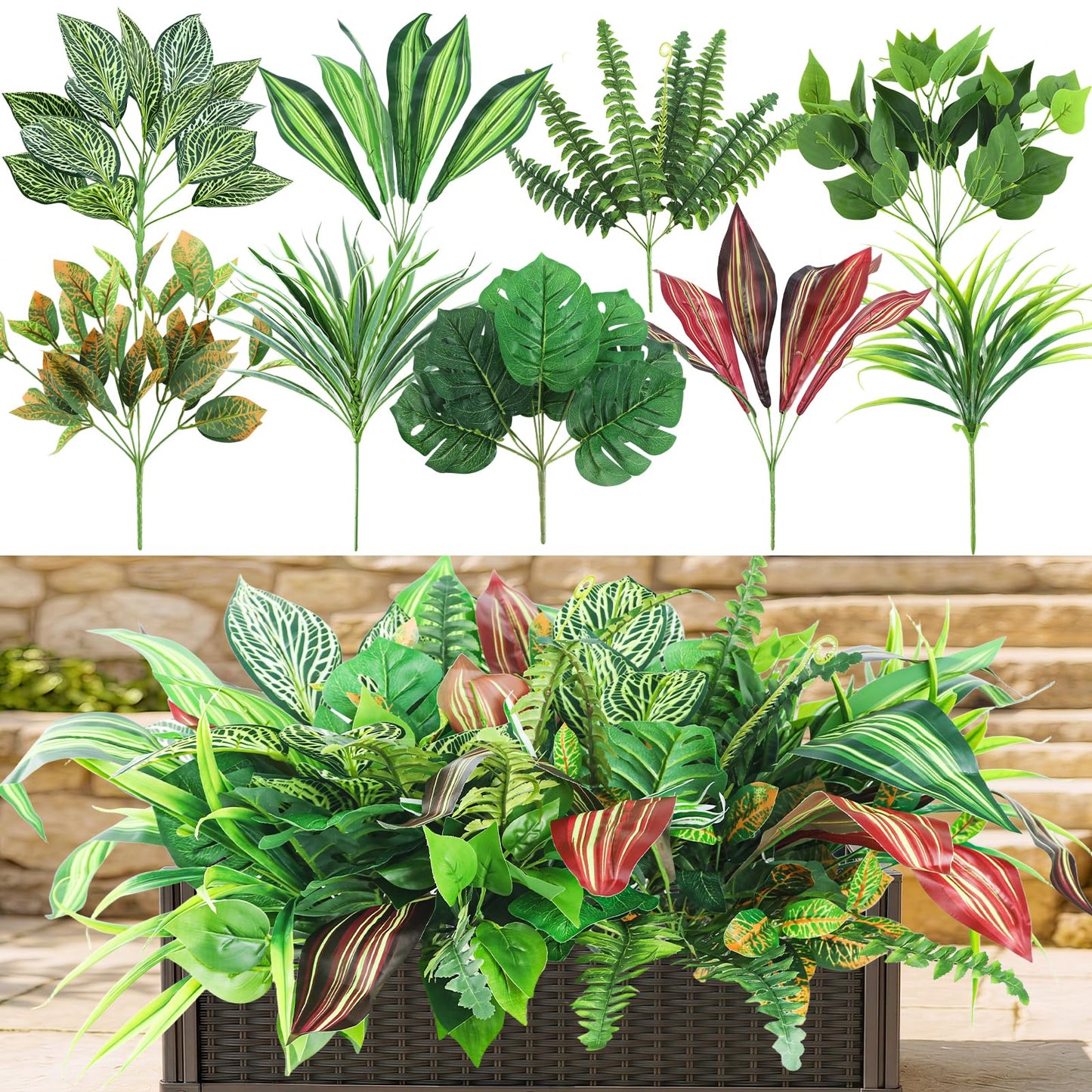 Caplidou 18 Bundles Artificial Greenery Plants Outdoor UV Resistant Fake Plastic Leaves with Stems Faux Bushes Shrubs for Porch Patio Window Box Garden Indoor Outside Decor