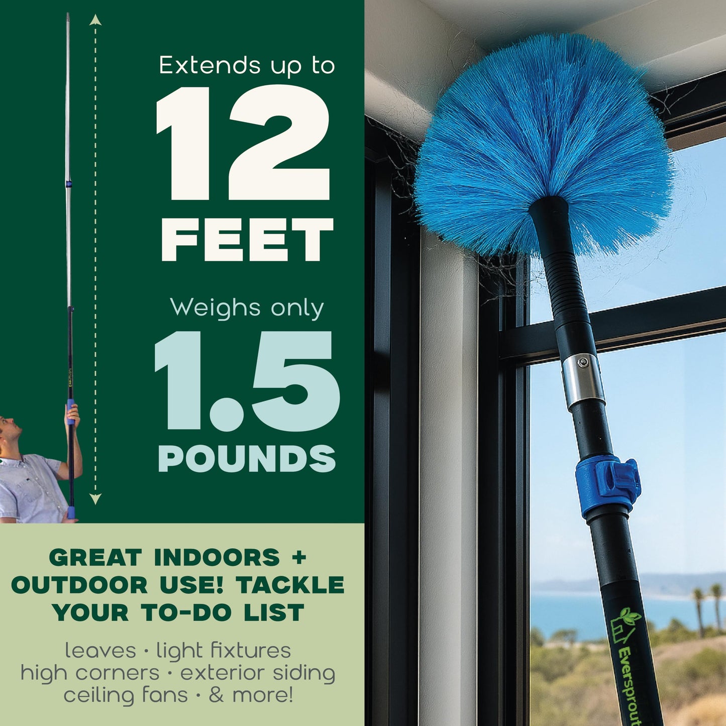EVERSPROUT Twist-On Cobweb Duster (Soft Bristles) | Indoor & Outdoor use Brush Attachment | Fits Standard 3/4 inch Threaded Poles | Brush Only (Pole Sold Separately) | Spider Cobweb Duster Head