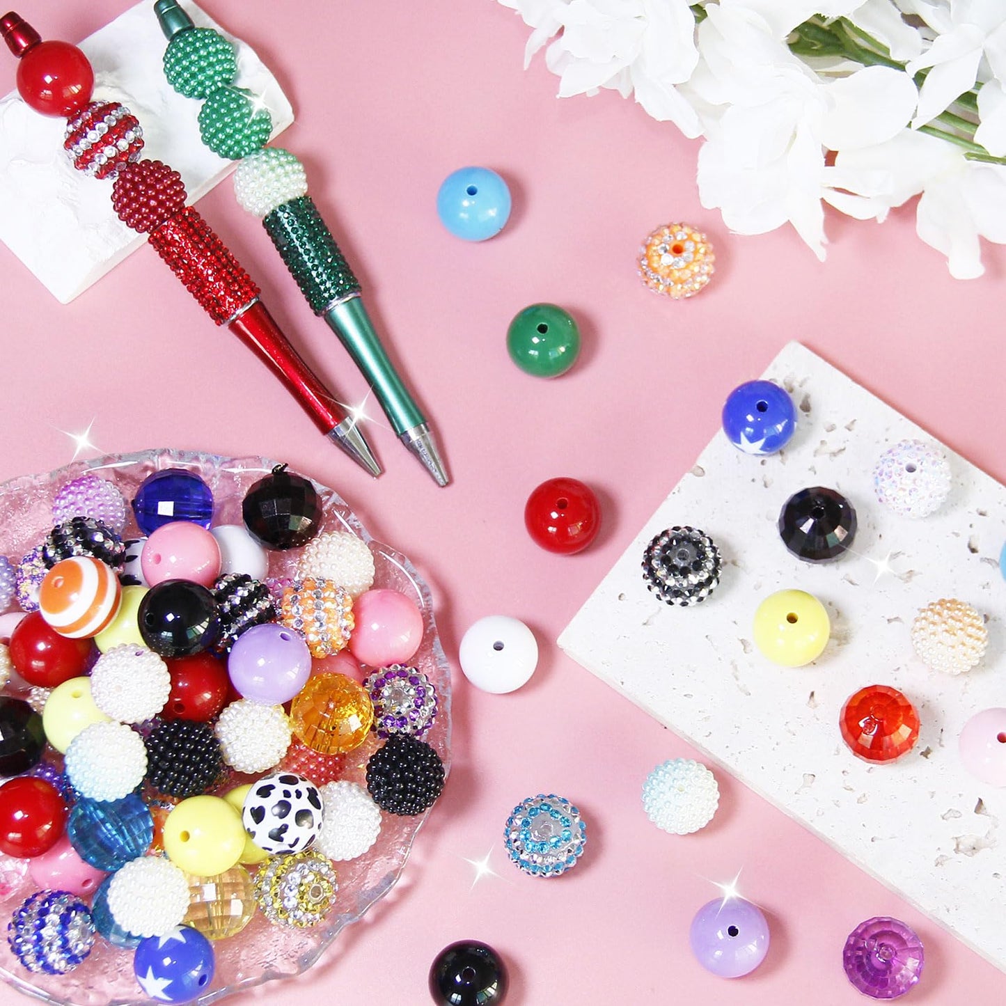 100Pcs 20mm Beads for Pens Making Rhinestone Beads Mixed Acrylic Bubblegum Bead Crystal Round Sparkly Chunky Bead for Pens Beadable Bracelet Necklace Keychain DIY Craft Jewelry Making Supplies