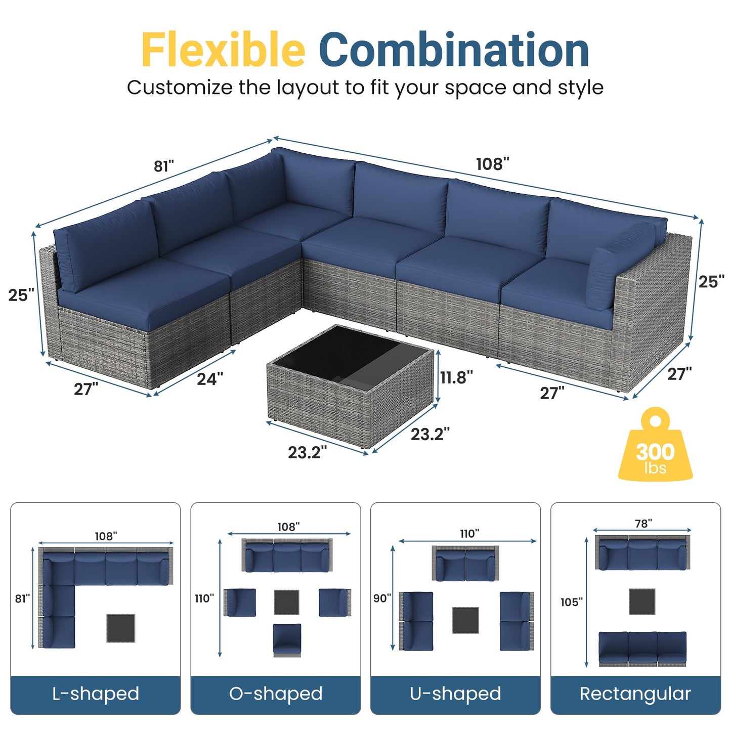 Wisteria Lane 7 Pieces Outdoor Patio Furniture Set, Wicker Outdoor Patio Sectional Sofas with Coffee Table, All-Weather Patio Conversation Set for Backyard Garden, Navy Blue