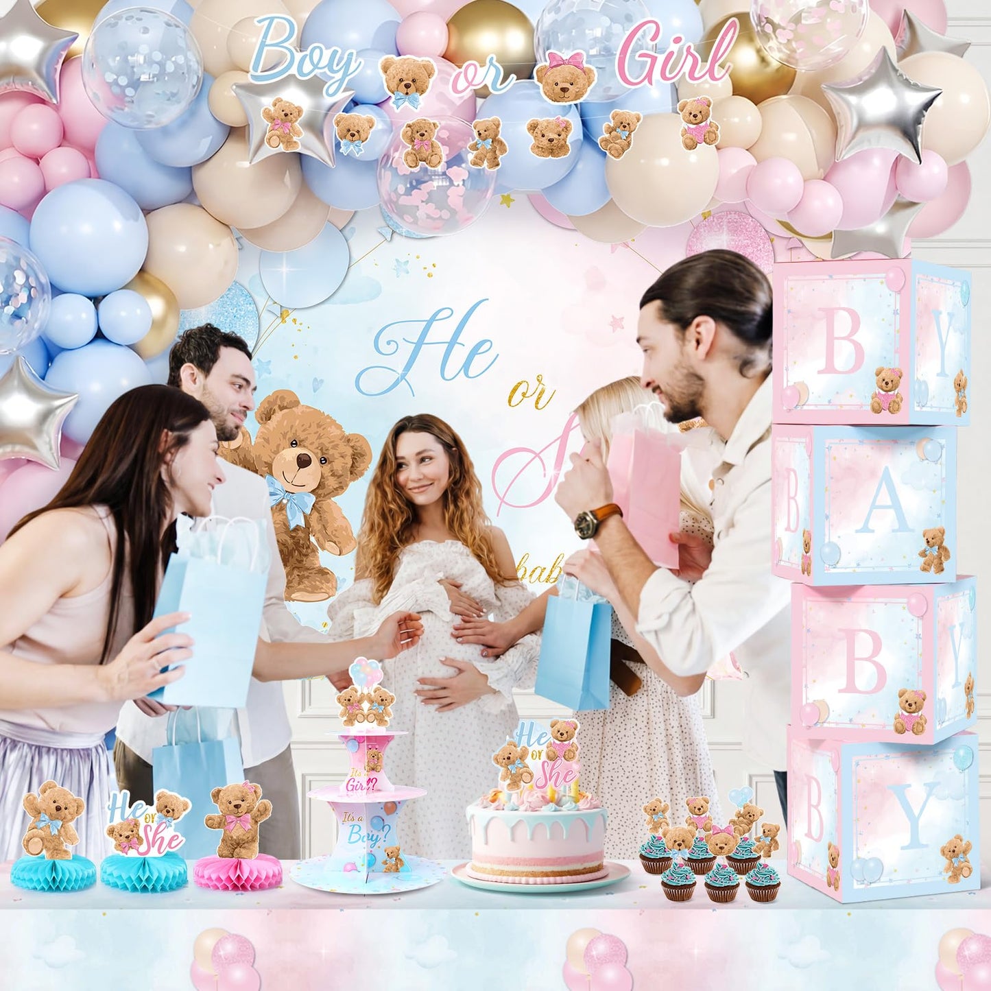 Duraaamo 207Pcs Bear Gender Reveal Party Decorations Boy or Girl Pack, Bear Balloon Kit with Backdrop Banner, Tablecloth, Balloon Boxes, Cupcake Stand, Sash, Pin for Baby Shower Gender Reveal Supplies