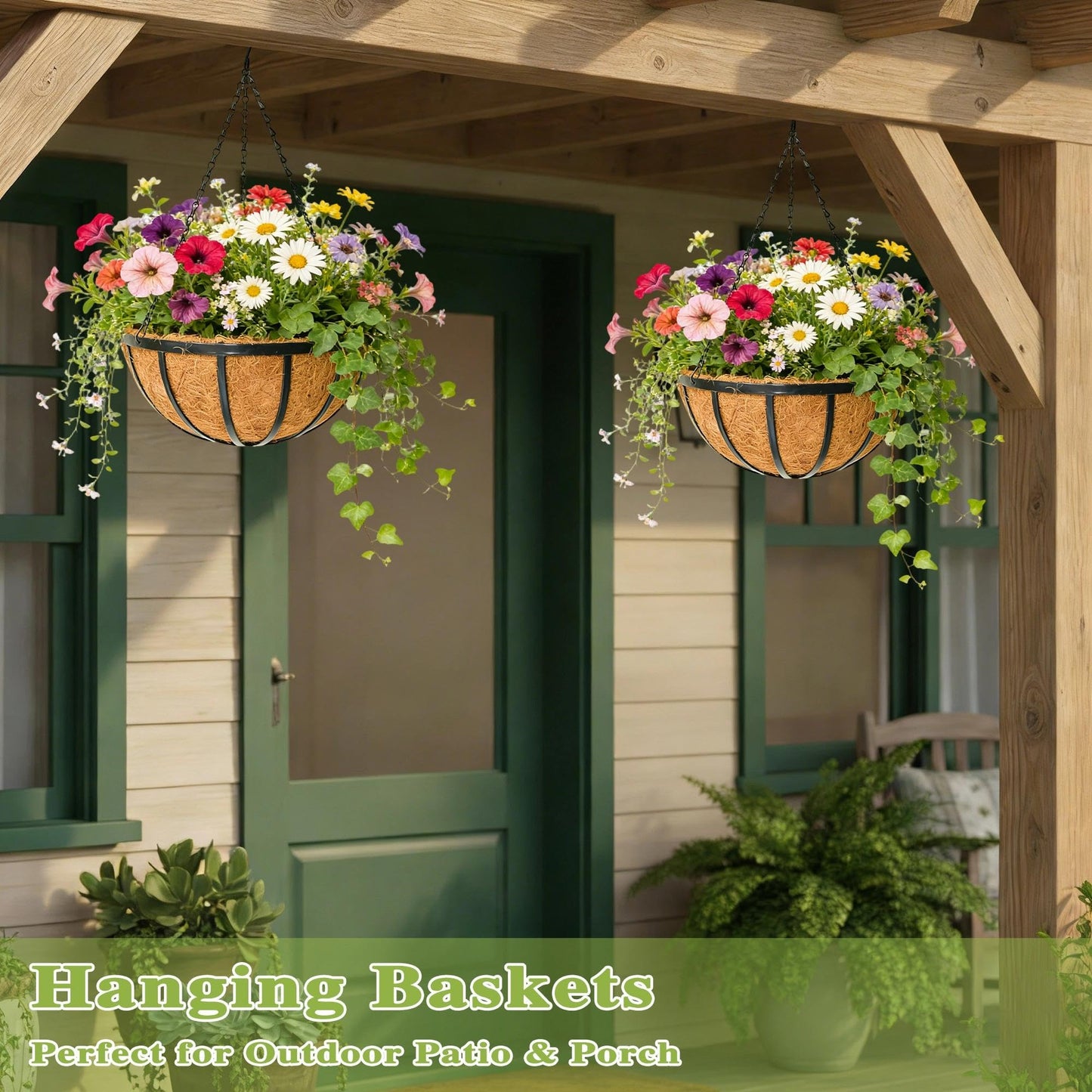 ZVOWOS 12 Inch Black Flat Iron Metal Hanging Planter Basket with Coco Coir Liner(4 Pack) Hanging Planters for Outdoor Plants Hanging Baskets for Plants Flower Pots for Deck Patio Porch Garden Balcony