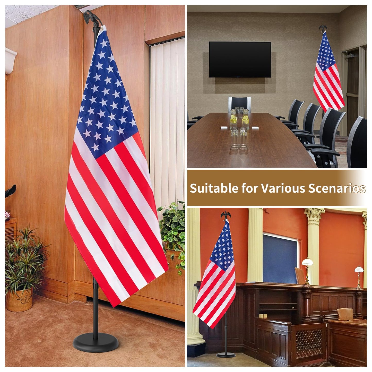 8 FT Indoor Flag Pole and Stand, Heavy Duty Indoor Flag Pole Kit with Weighted & Thickened Base, Eagle Topper, 3x5 FT American Flag, Adjustable Presidential Indoor Flagpole for Office School City Hall